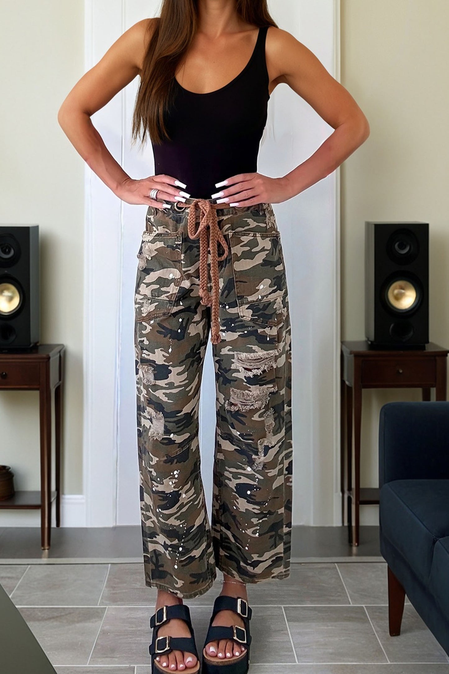 Green Camouflage Print Splashed Distressed Loose Denim Pants