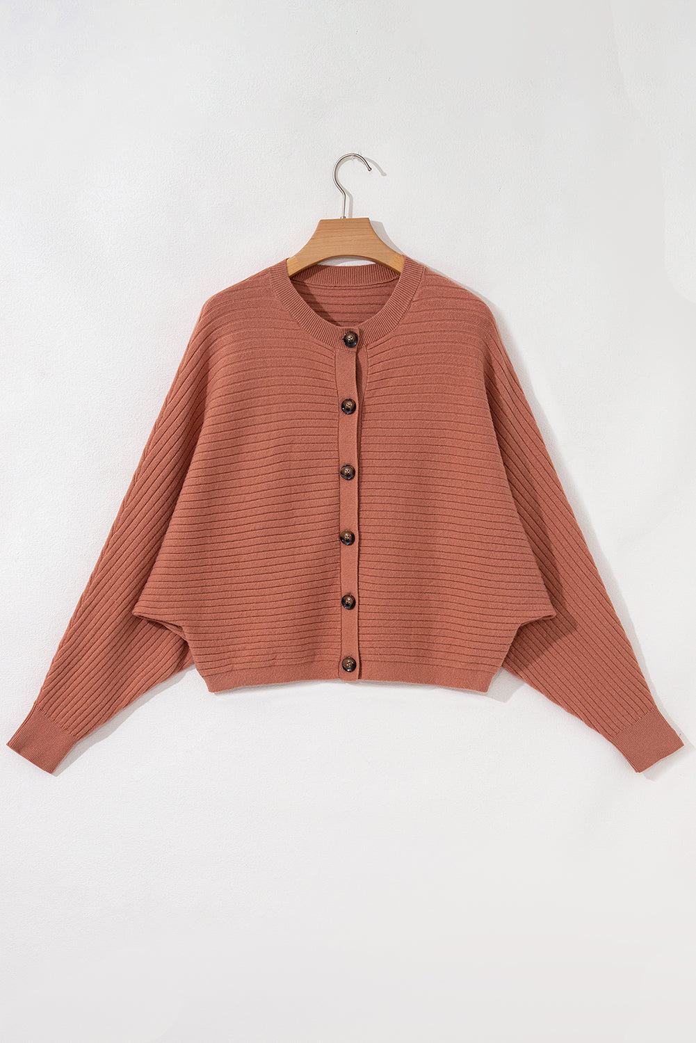Apricot Pink Wide Rib Knit Button Front Dolman Sleeve Sweater Cardigan