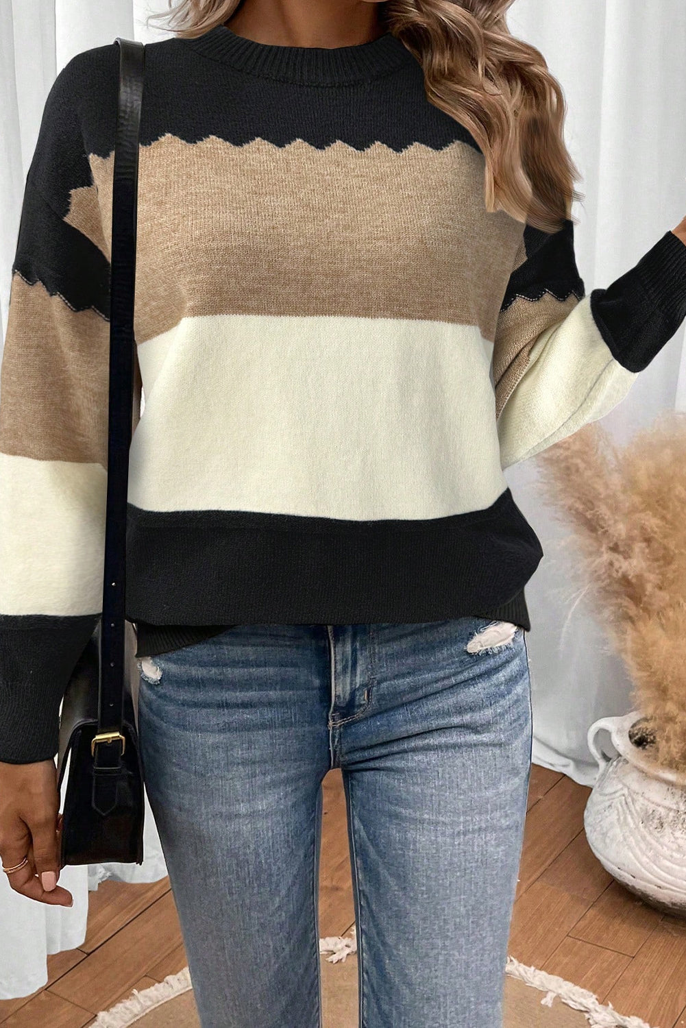 Brown Colorblock Crew Neck Drop Shoulder Sweater