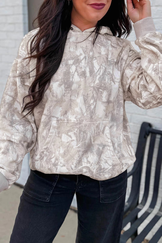 Gray Abstract Print Ribbed Cuffs Hem Long Sleeve Hoodie