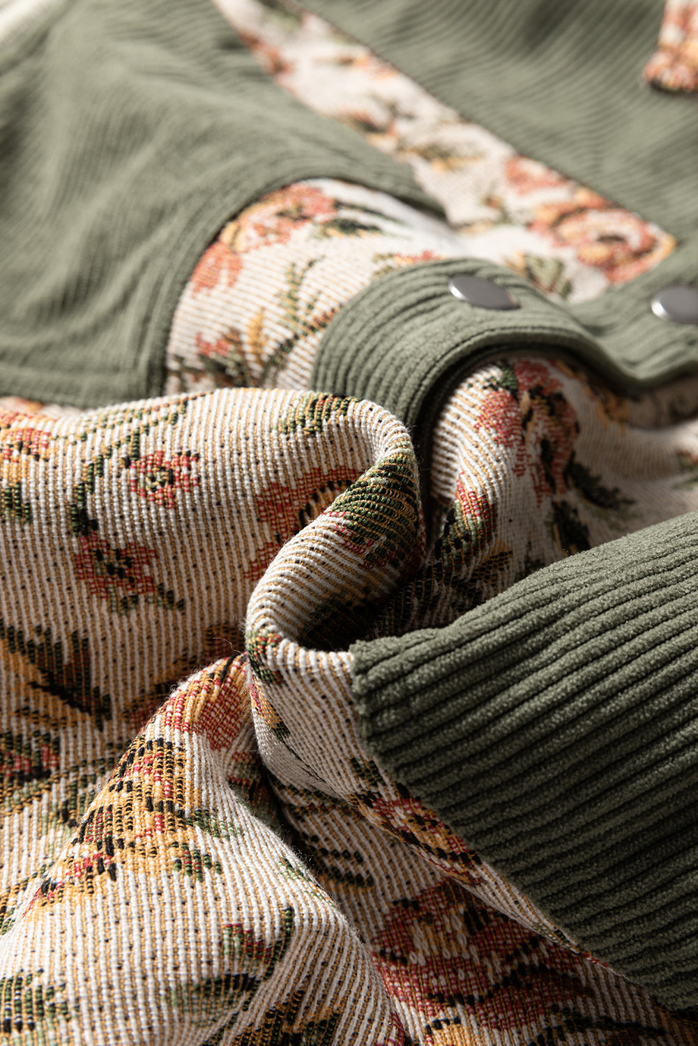 Sage Green Ribbed Retro Floral Patchwork Shirt Style Jacket