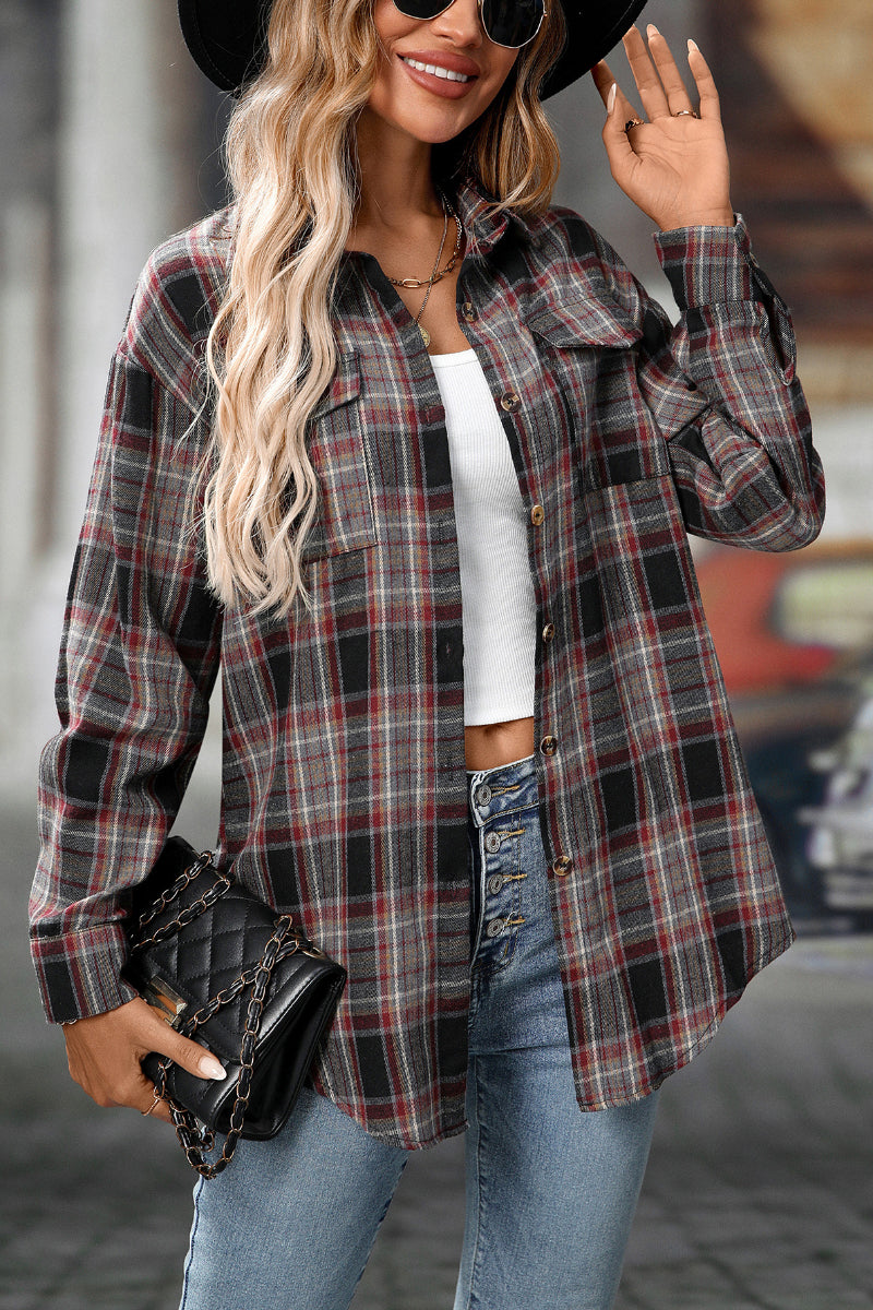 Plaid Button Down Shirt with Chest Pockets and Tie Hem