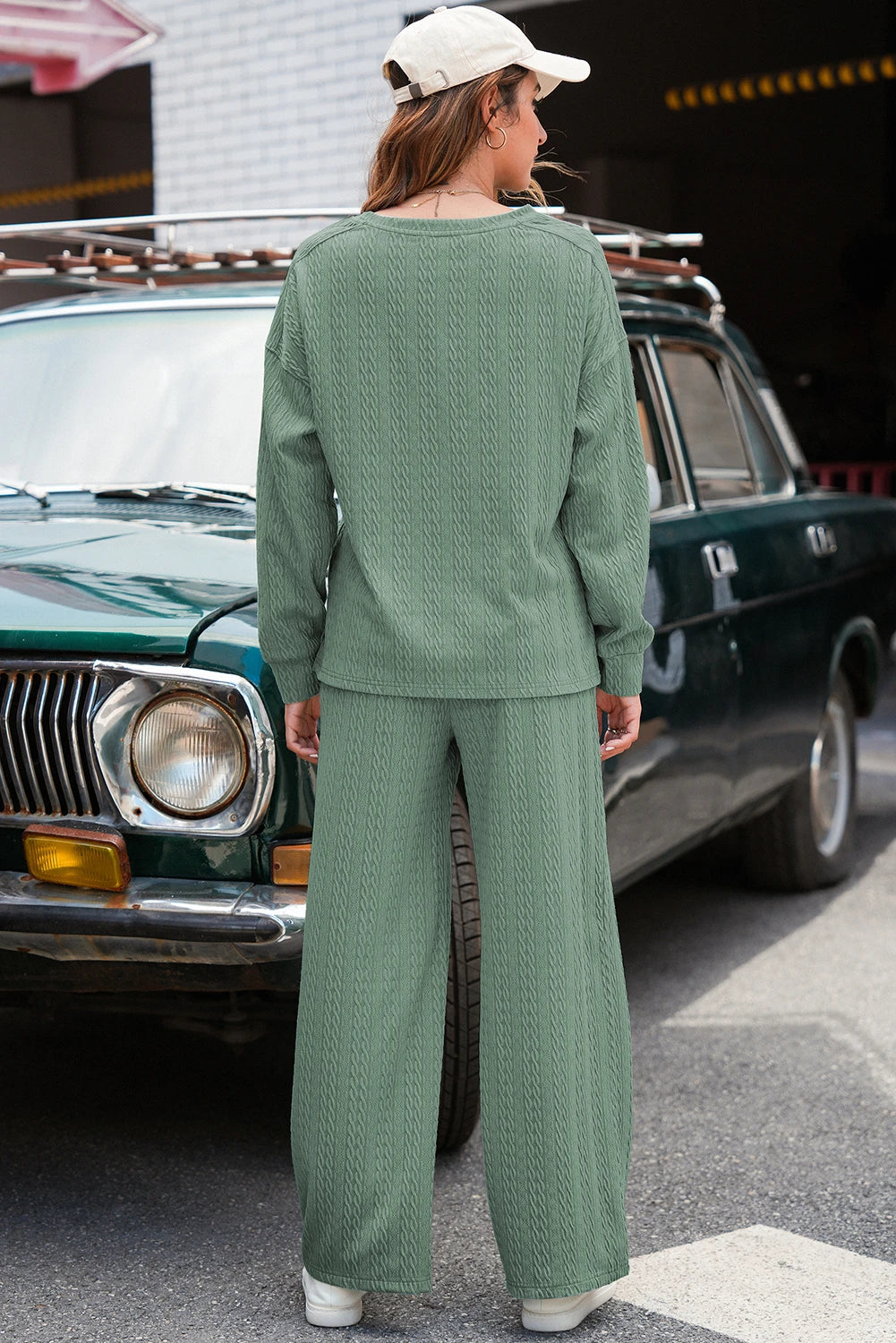 Textured Round Neck Sweatshirt & Loose Drawstring High Waist Pant Set