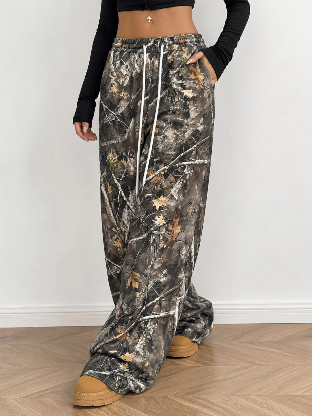Abstract Branch Print Wide Leg Pants