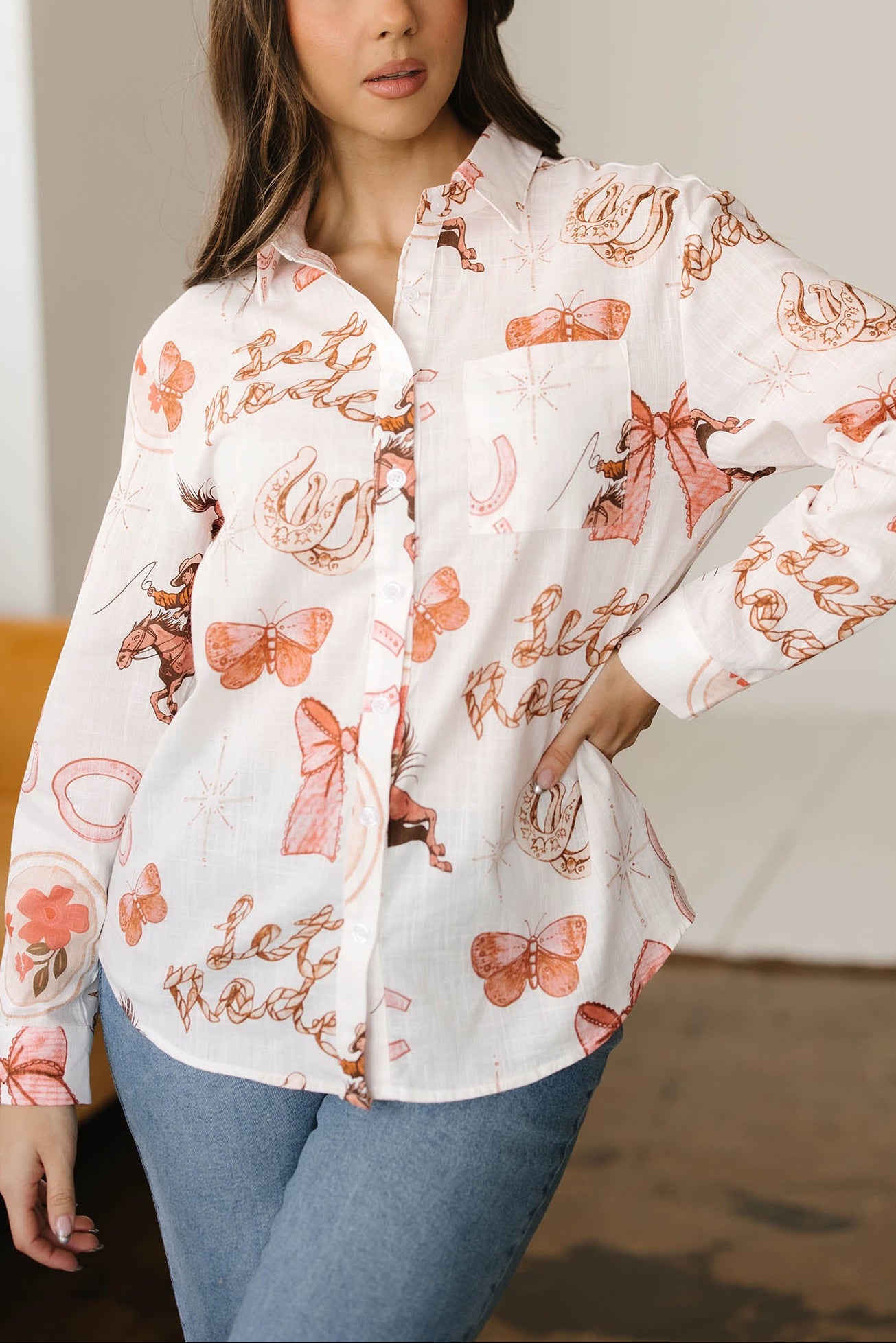 White Rodeo Cowgirl Print Western Button up Shirt