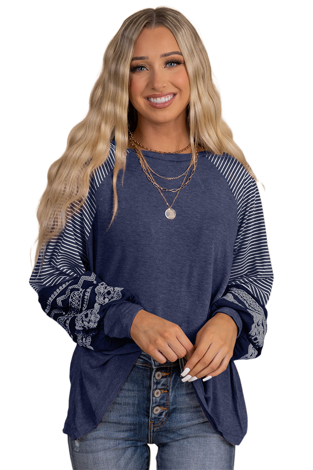 Tillandsia Purple Contrast Print Striped Raglan Long Sleeve Loose Top