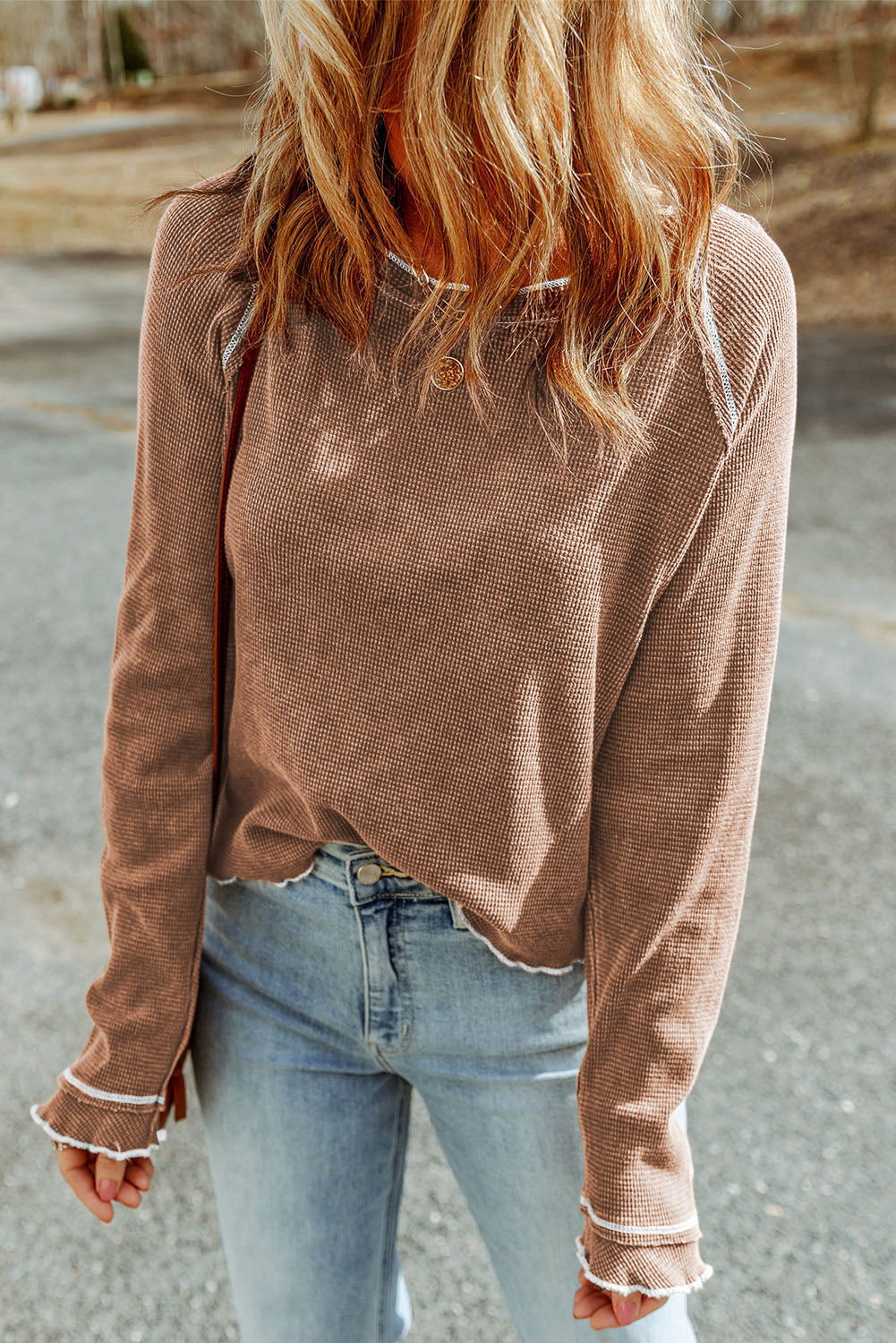 Brown Textured Round Neck Long Sleeve Top