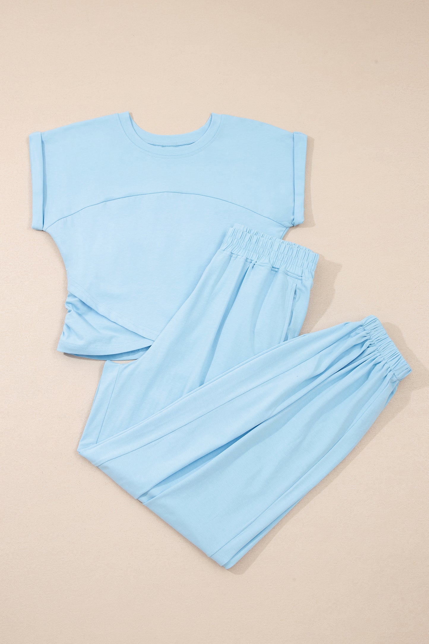 Yellow Cream Solid Color Cropped Tank Top and Jogger Pants Set