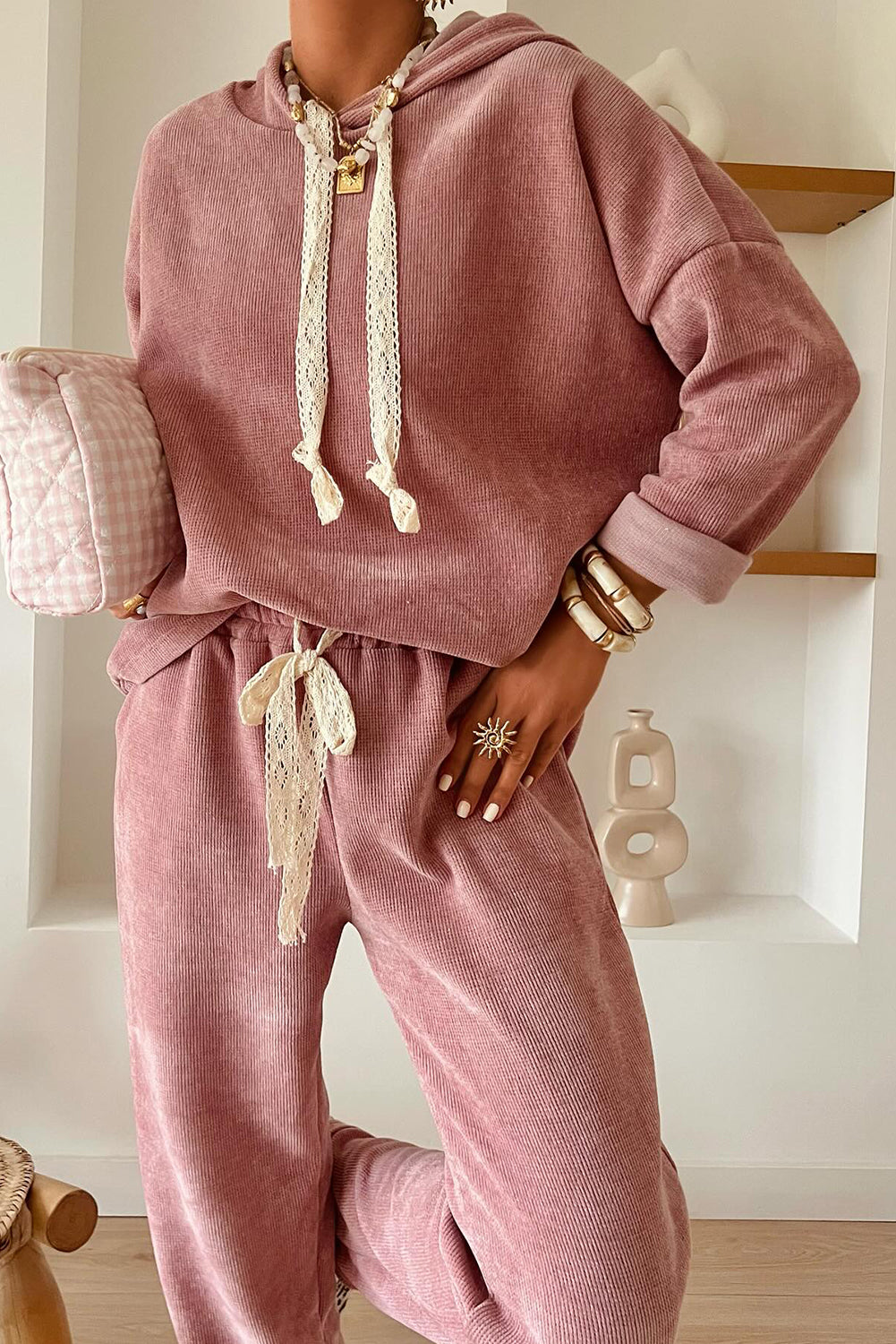 Casual Lace Drawstring Pullover Hoodie and High Waist Pants Corduroy Suit