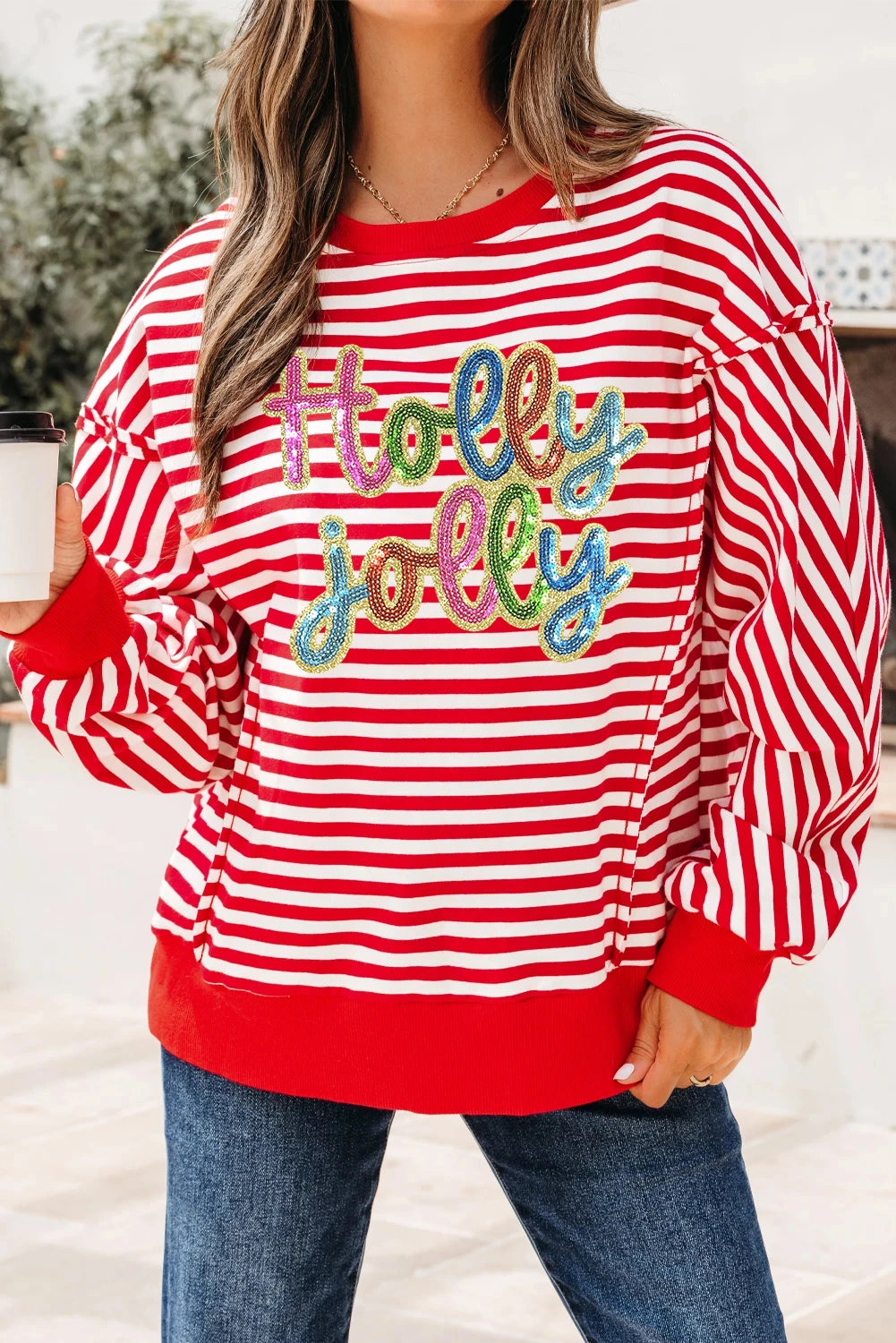 Red Stripe Holly Jolly Sequin Graphic Drop Shoulder Long Sleeve Top