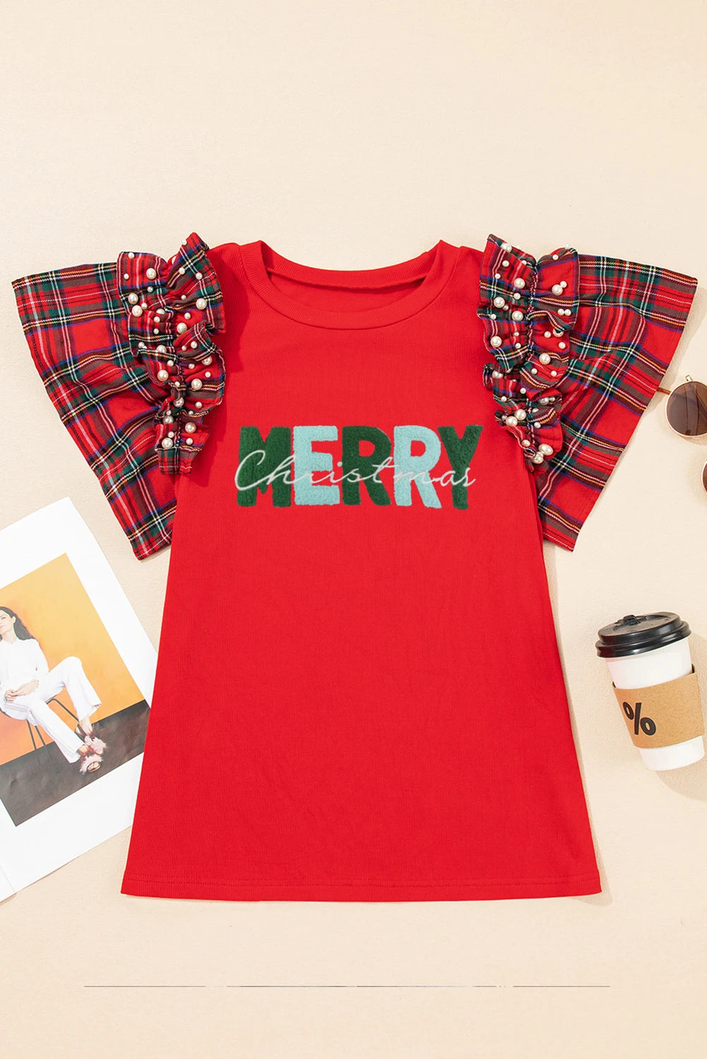 Racing Red MERRY Patched Graphic Pearled Plaid Ruffled Sleeve Patchwork Tee