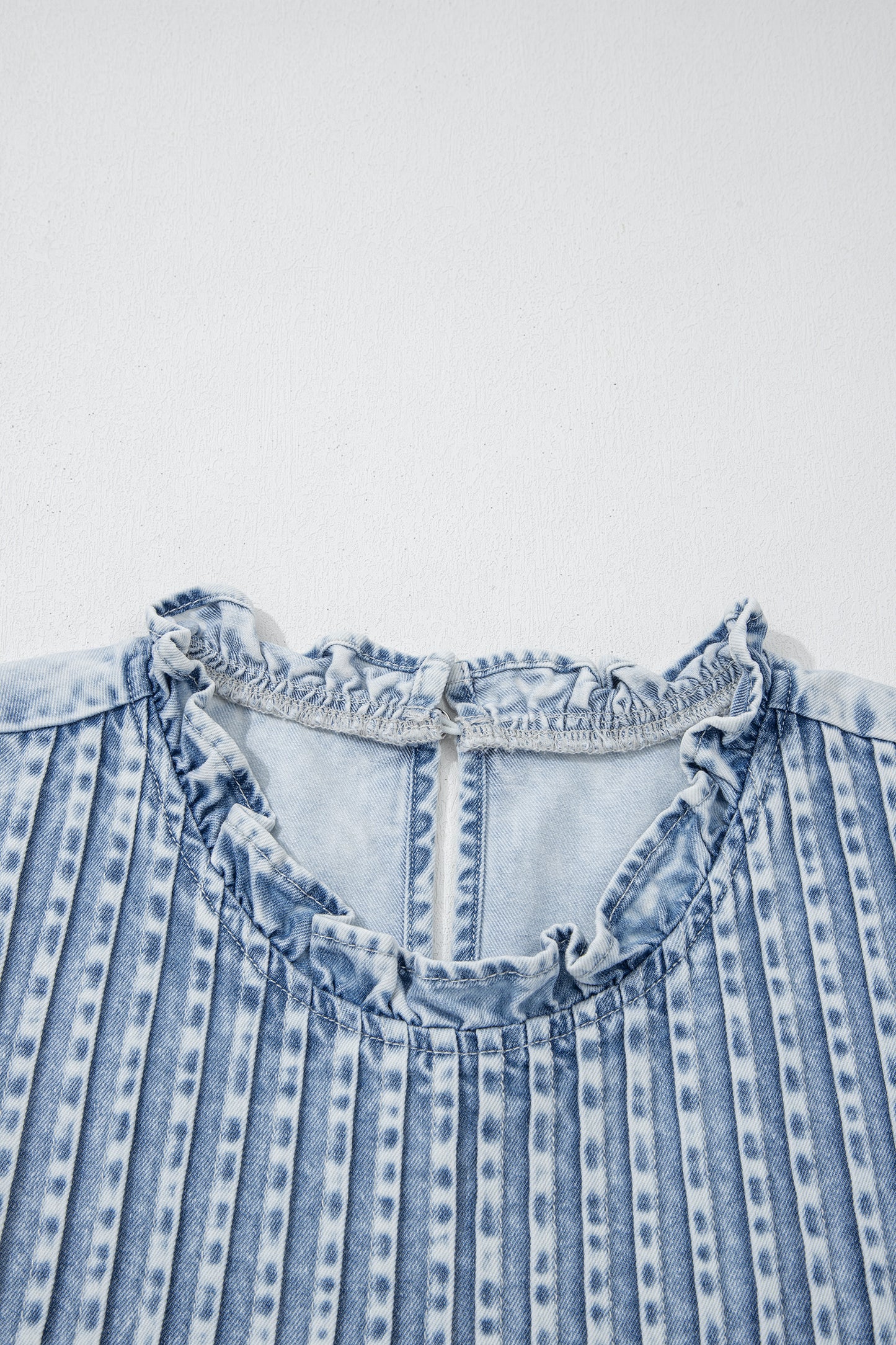 Beau Blue Ruffle Pleated Detail Vintage Washed Denim Top