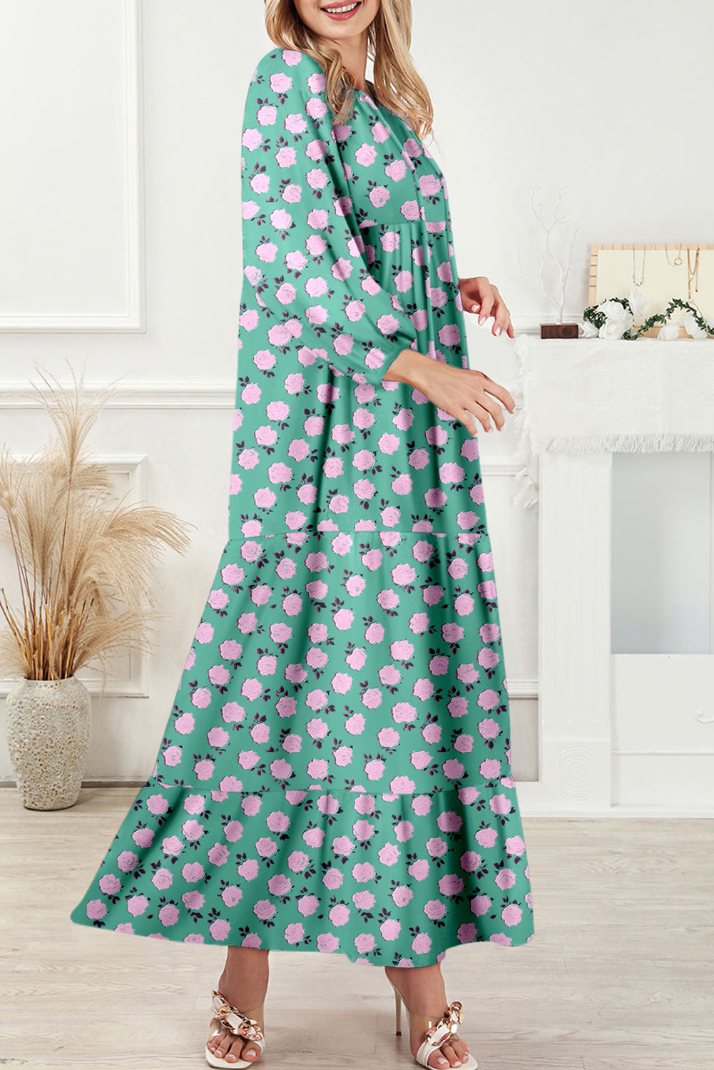 Green Boho Printed Half Sleeve Maxi Dress