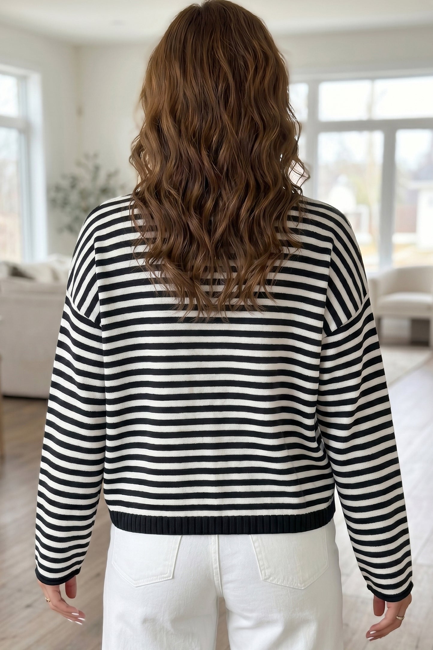 Striped Button Placket Drop Shoulder Long Sleeve Sweater