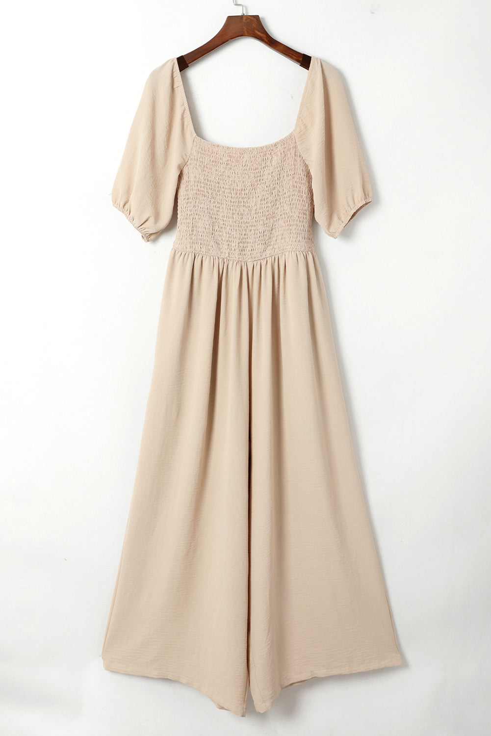 Apricot Short Bubble Sleeve Smocked Wide Leg Jumpsuit