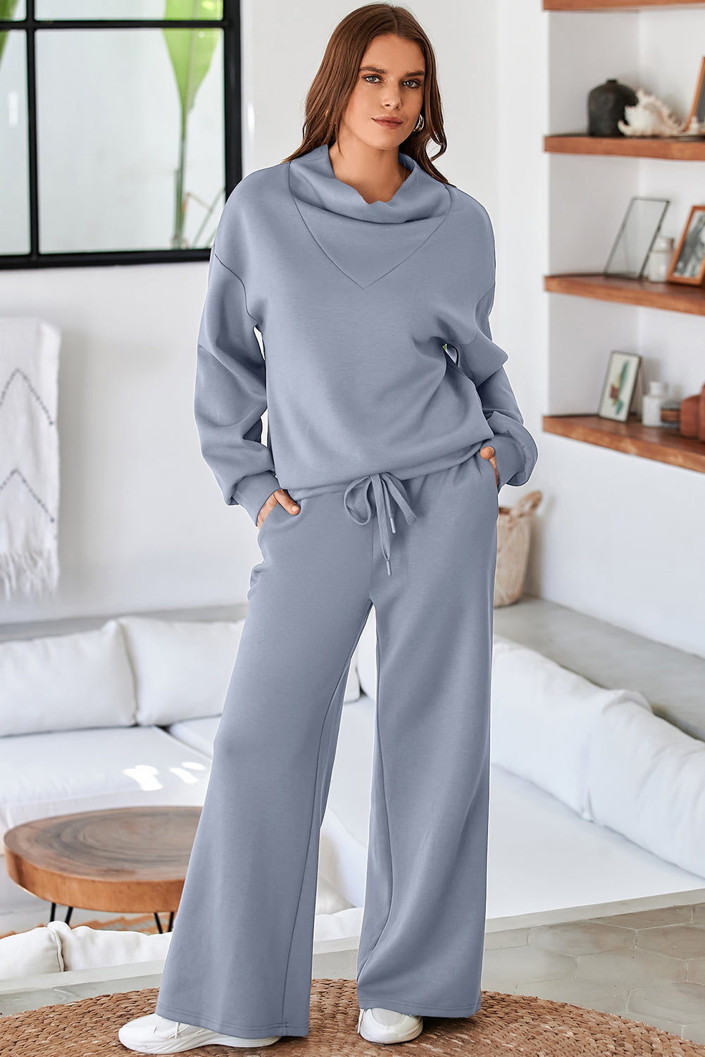 Navy Blue Solid Color Cowl Neck Drawstring Pullover Wide Leg Athleisure Pants Set