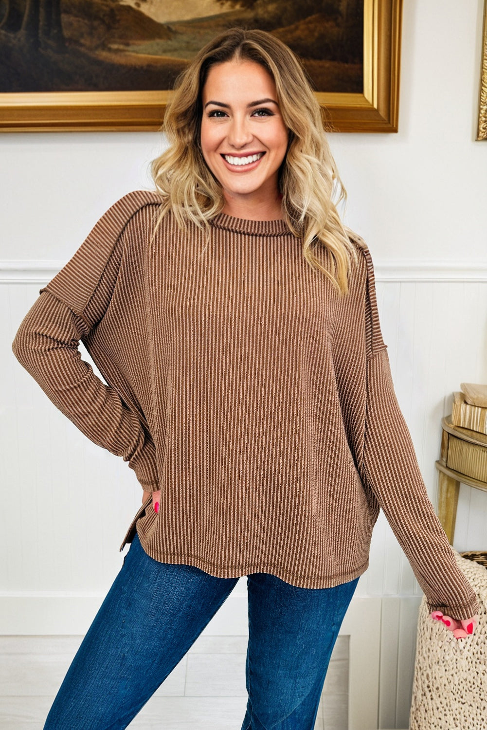 Black Twist Ribbed Exposed Seam Detail Long Sleeve Loose Top