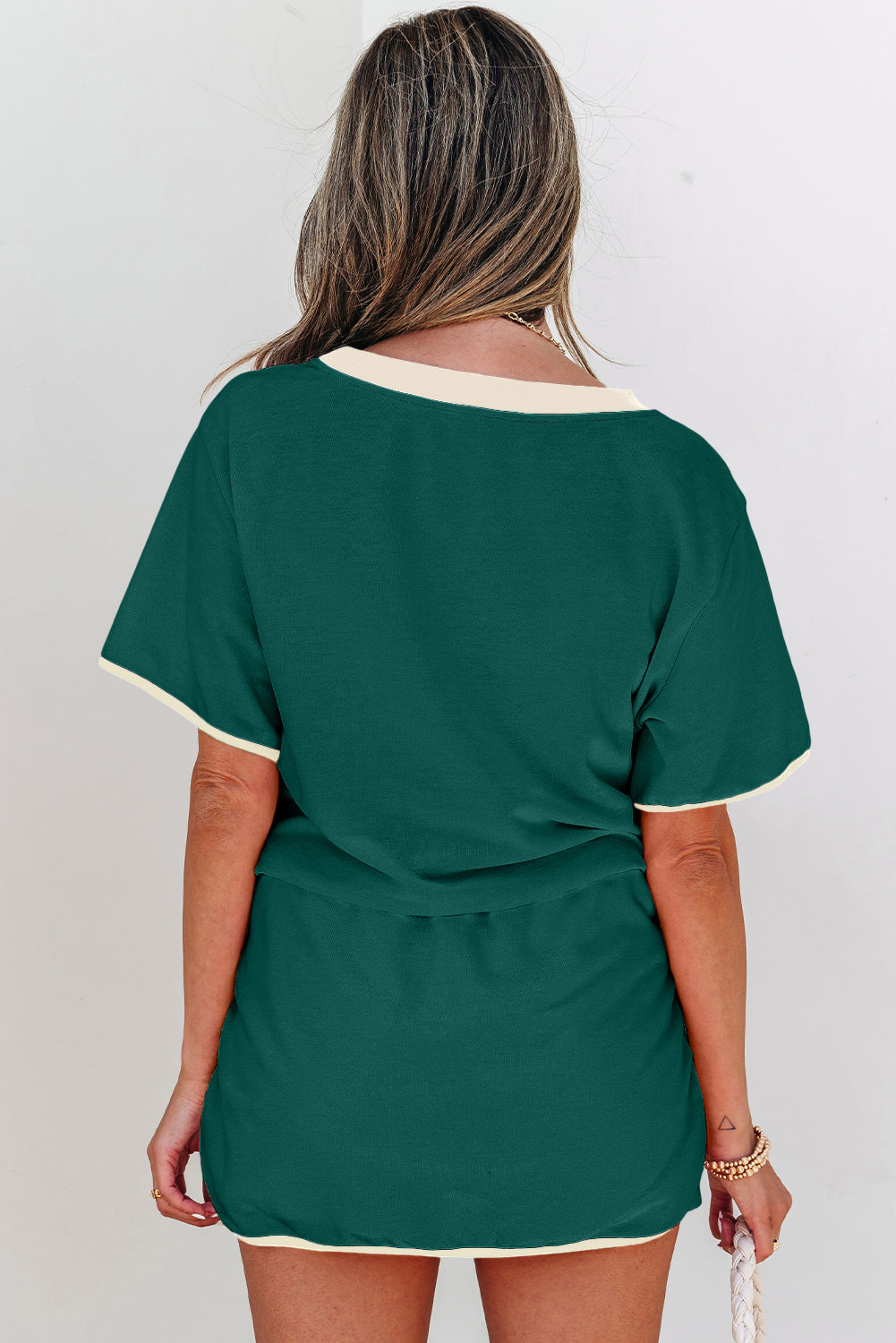 Bonbon Colorblock Edge Drop Shoulder T Shirt and Skort 2Pcs Set