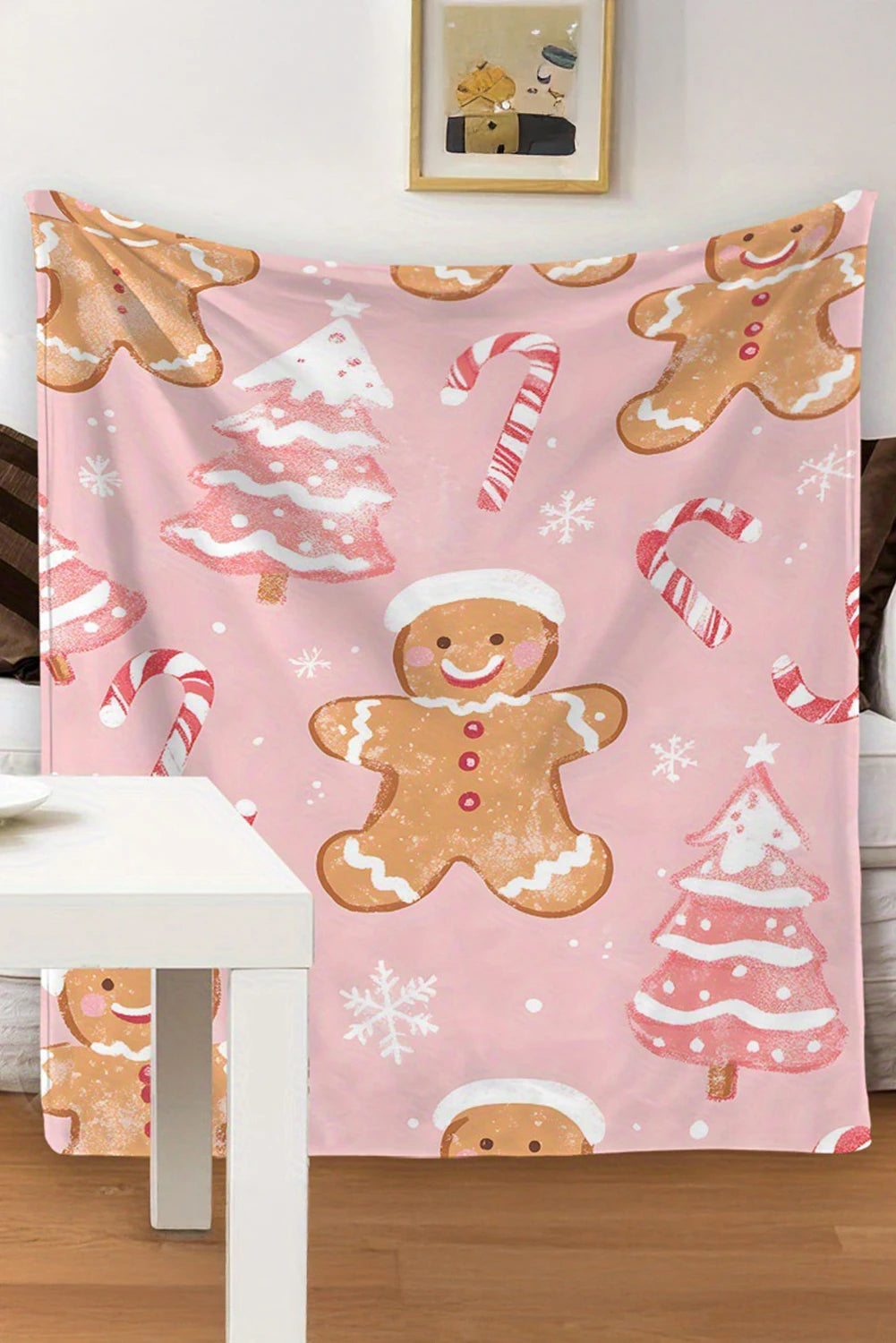 Pink Gingerbread Man Candy Cane Christmas Tree Print Plush Blanket
