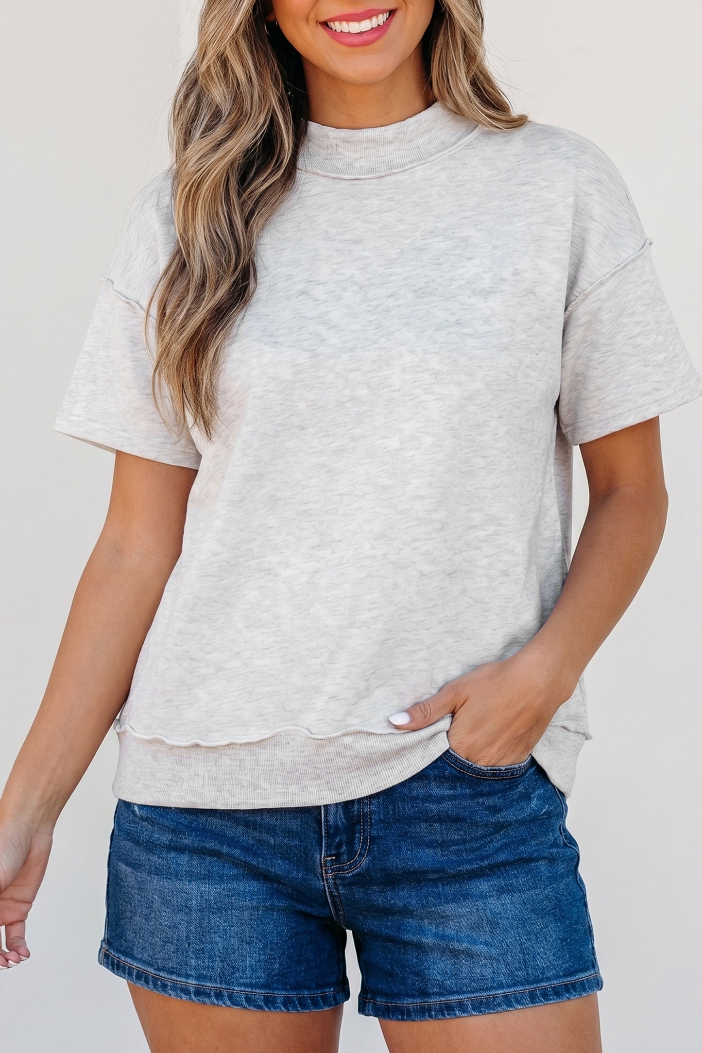 Solid Cotton Blend Tee High Neck Raw Hem Top