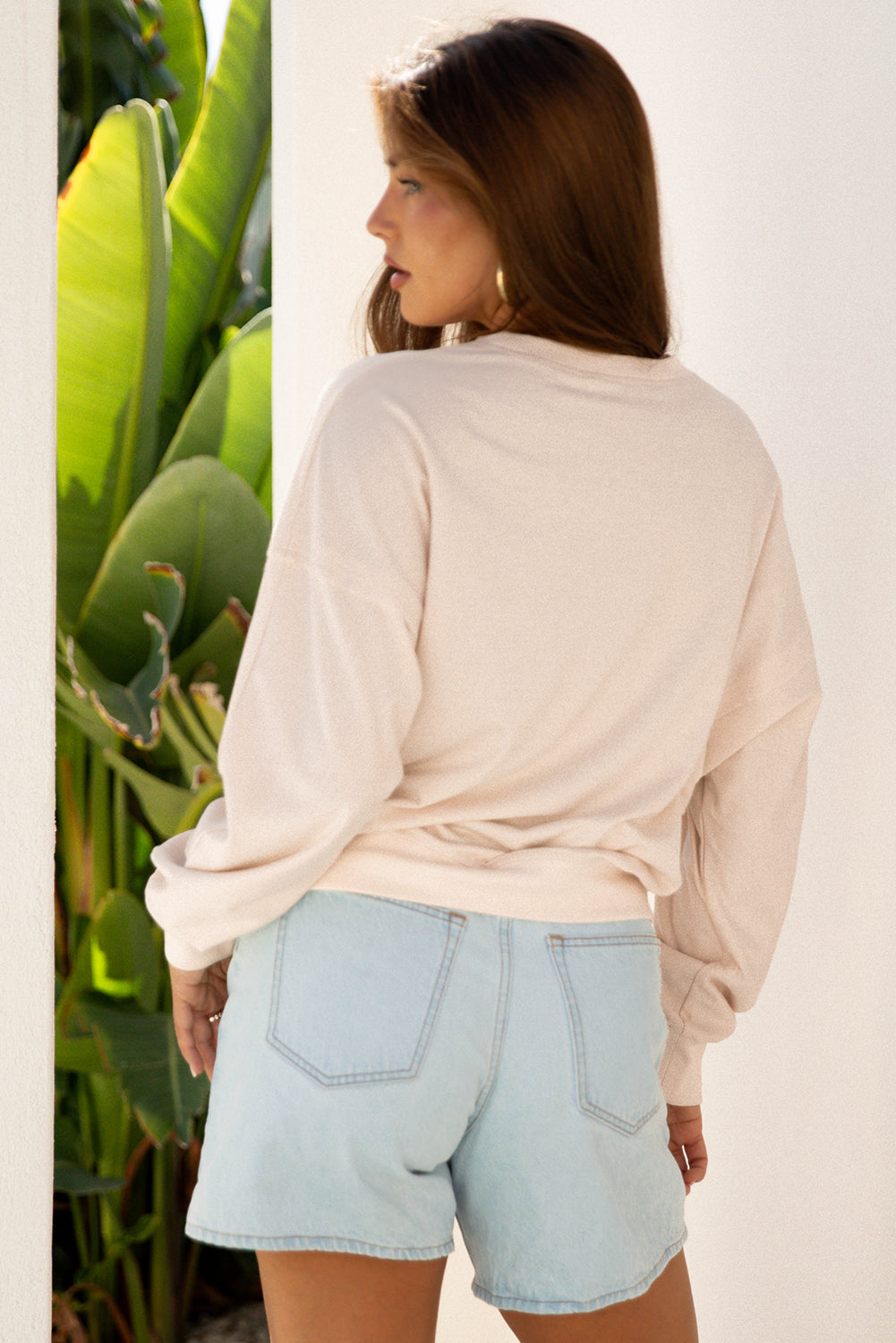 Smoke Green Raw Edge Flower Patch Drop Shoulder Casual Top