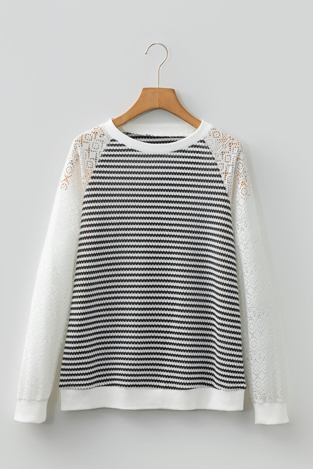 Stripe Textured Knit Contrast Hollowed Lace Patchwork Long Sleeve Top