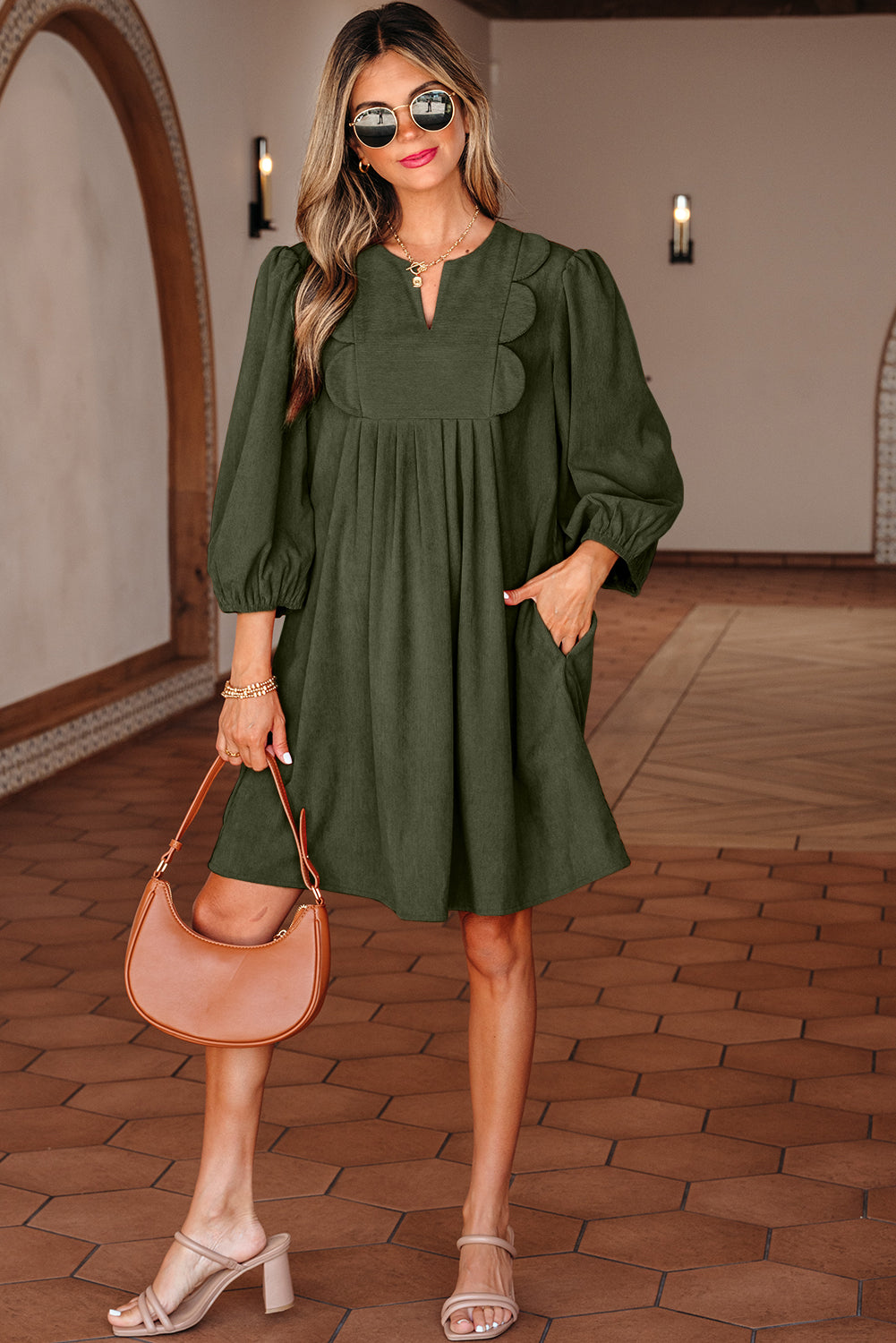 Cinnamon Bracelet Sleeve Split Neck Scallop Detail Pleated Corduroy Mini Dress