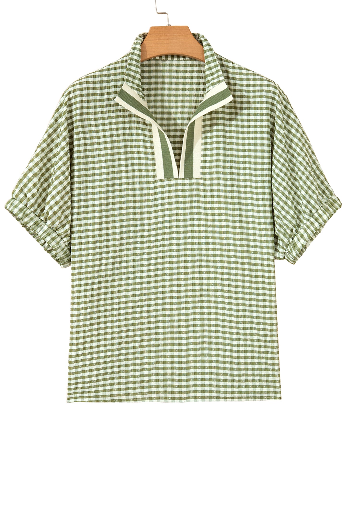 Plaid Polyester Blouse Casual Shift Short Sleeve
