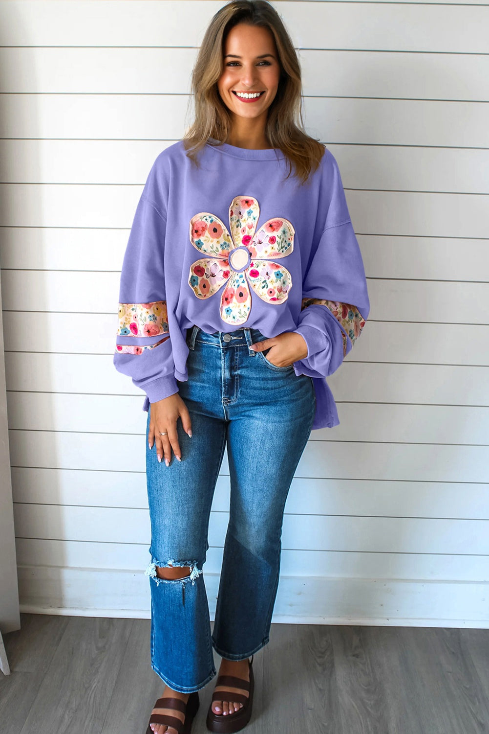 Peach Blossom Floral Applique Baggy Pullover Sweatshirt