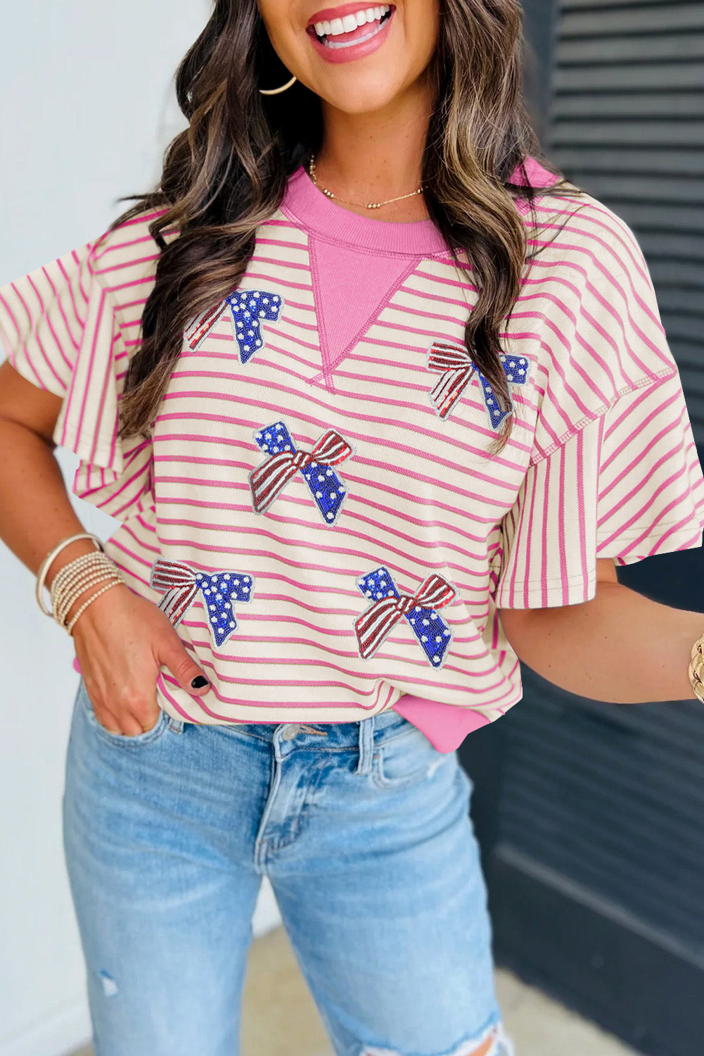 Sachet Pink Sequined American Flag Bow Patched Striped Ruffled Sleeve Blouse
