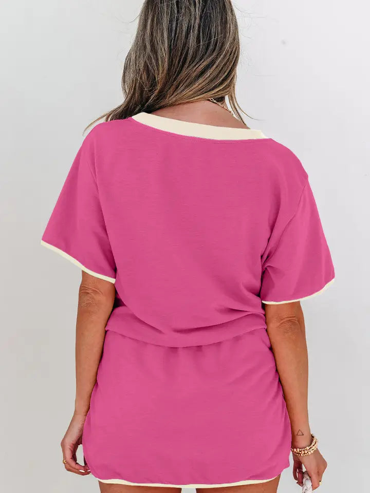 Bonbon Colorblock Edge Drop Shoulder T Shirt and Skort 2Pcs Set