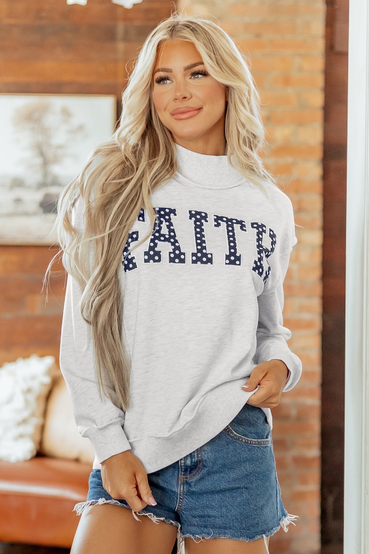 Light Grey High Neck Polka Dot Slogan Printed Baggy Sweatshirt
