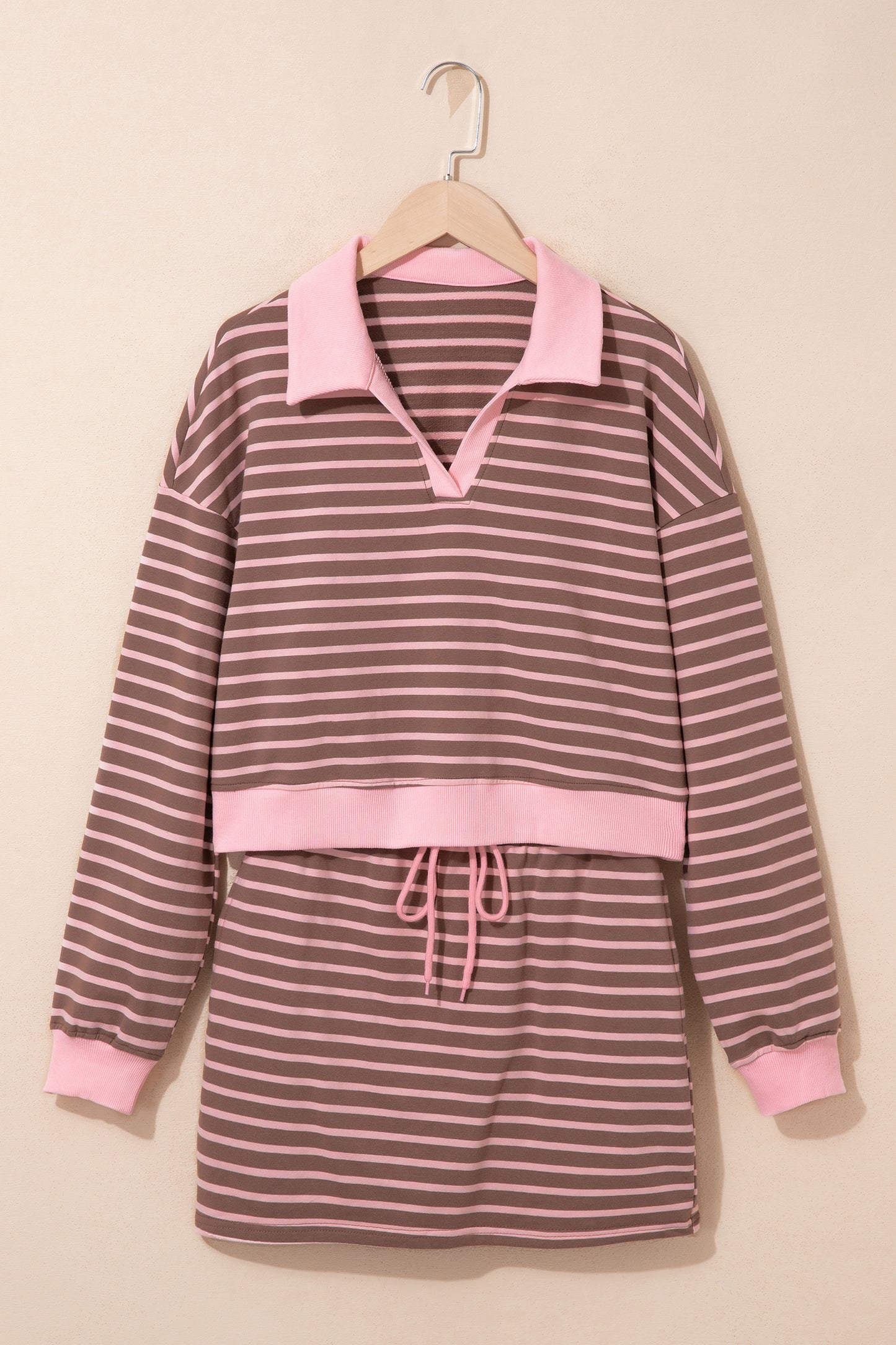 Brown Stripe Striped Drawstring Waist Long Sleeve Top Mini Skort Set