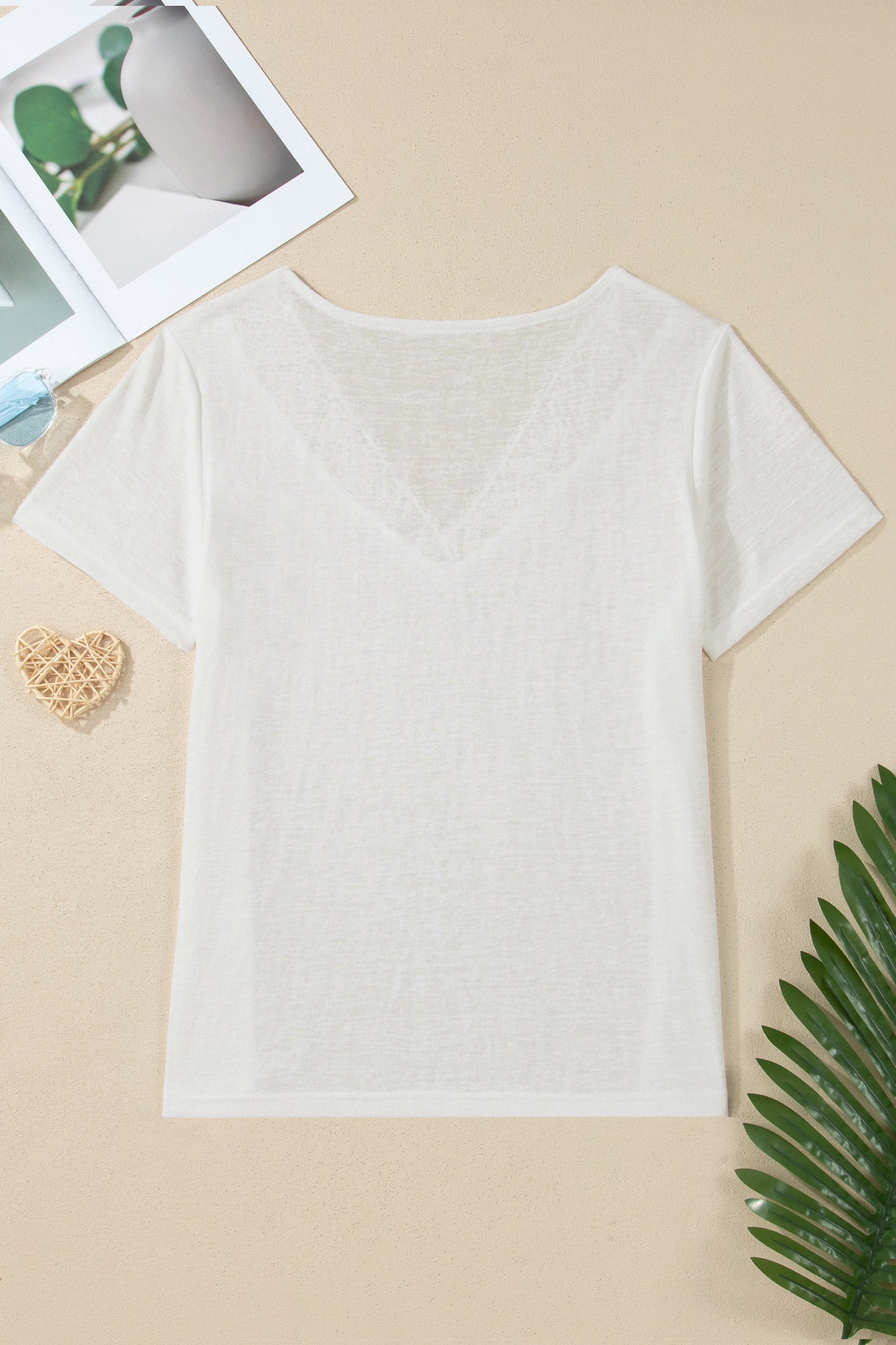 Patchwork Lace Viscose Tee Casual Summer V-Neck Top