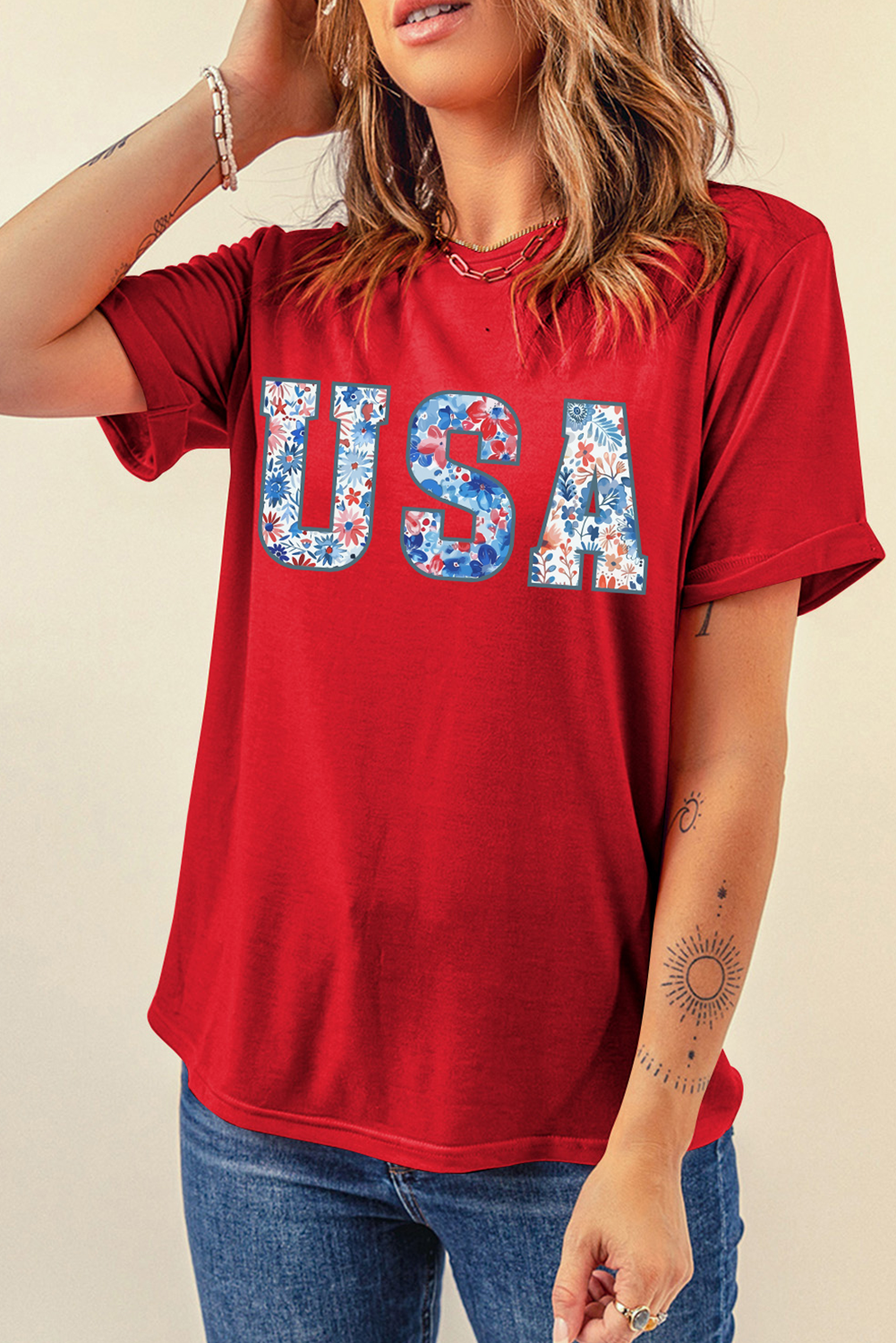 Red Floral USA Graphic Cuffed Sleeve Crew Neck Tee