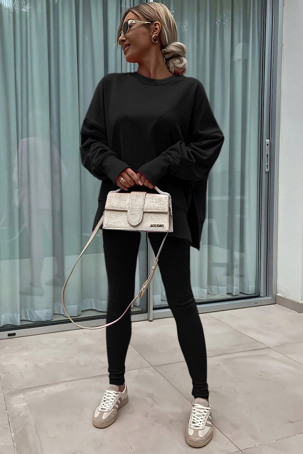 Jet Stream Solid Color Oversize Slit Sweatshirt Ribbed Leggings 2pcs Set