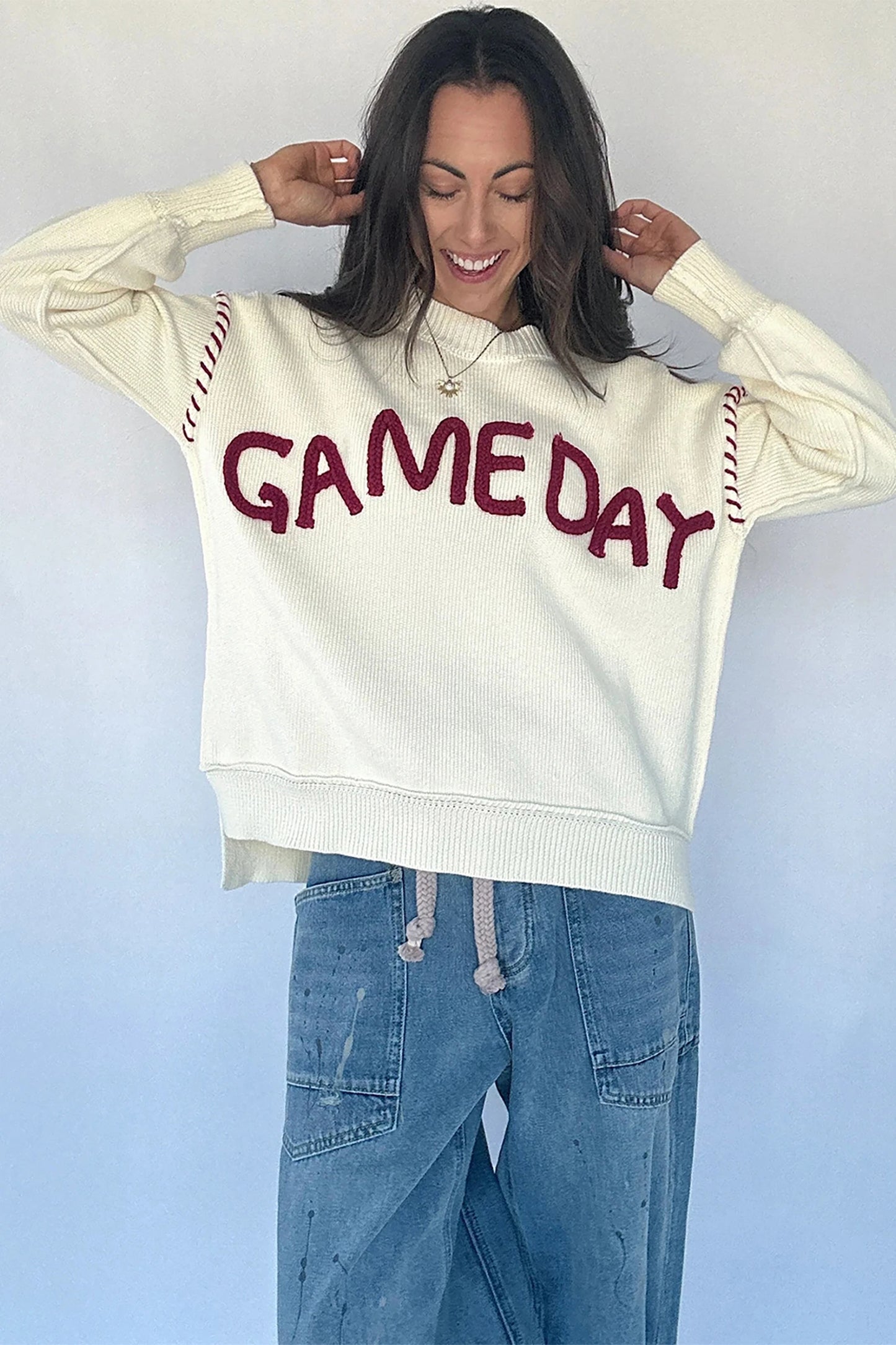 Drop Shoulder Game Day Letter Print Pullover Sweater