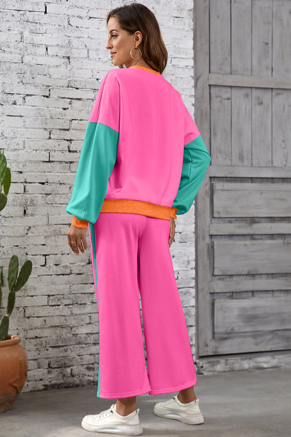 Blackish Green 2pcs Color Block Pullover Loose Pant Set