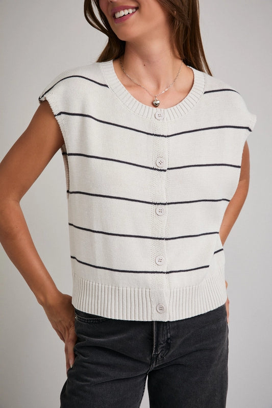 Striped Button Front Sleeveless Sweater Knit Top