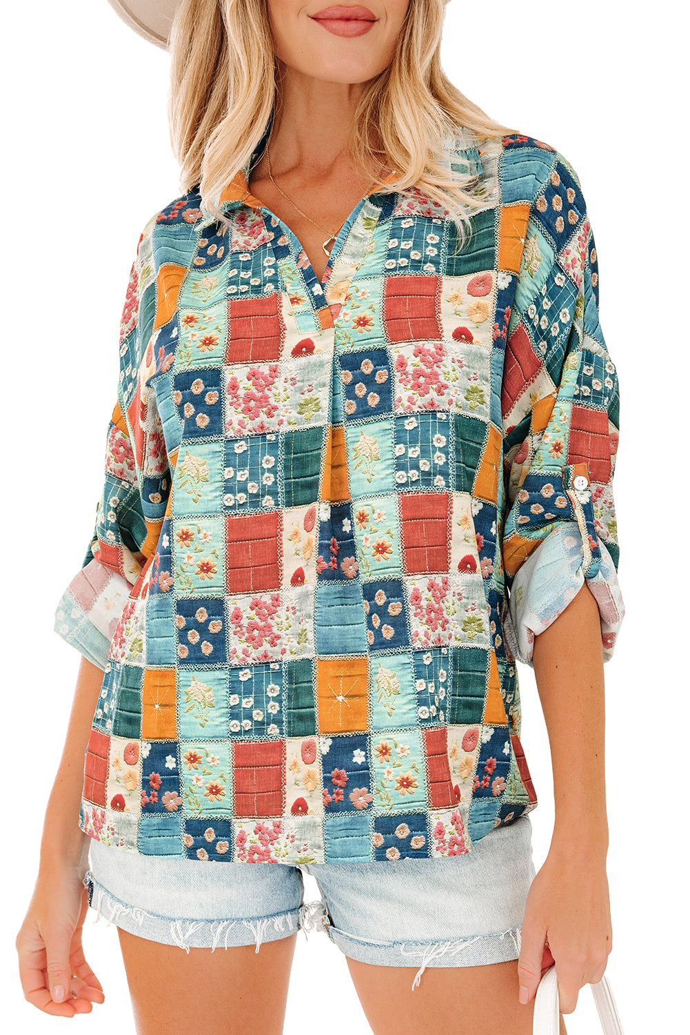 Blue Floral Collared V Neck Roll up Sleeve Shift Blouse