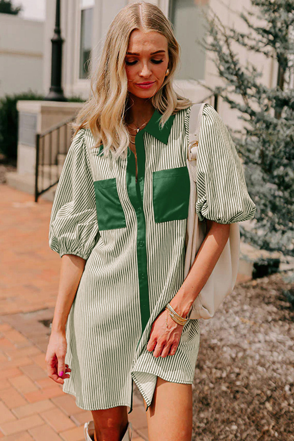 Sky Blue Stripe Color Block Patchwork Shirt Collar Button Down Puff Sleeve Mini Dress