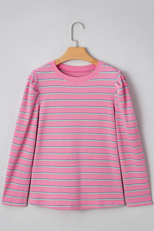 Rose Stripe Textured Knit Round Neck Long Sleeve Top
