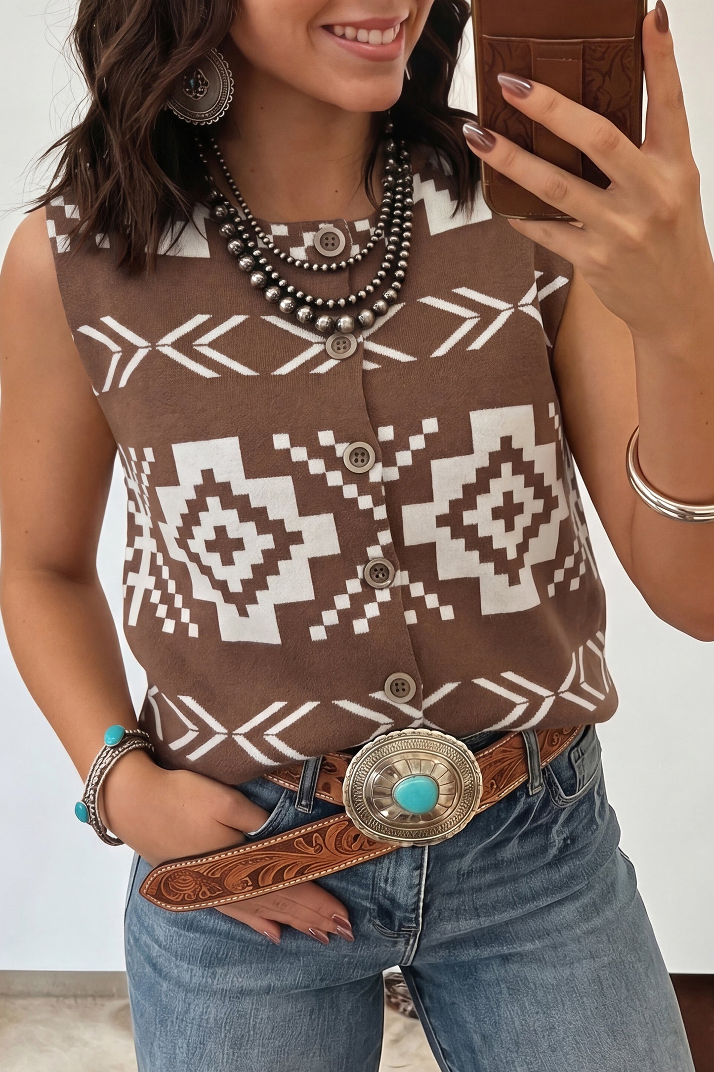 Western Print Viscose Sweater Vest Boutique Sleeveless