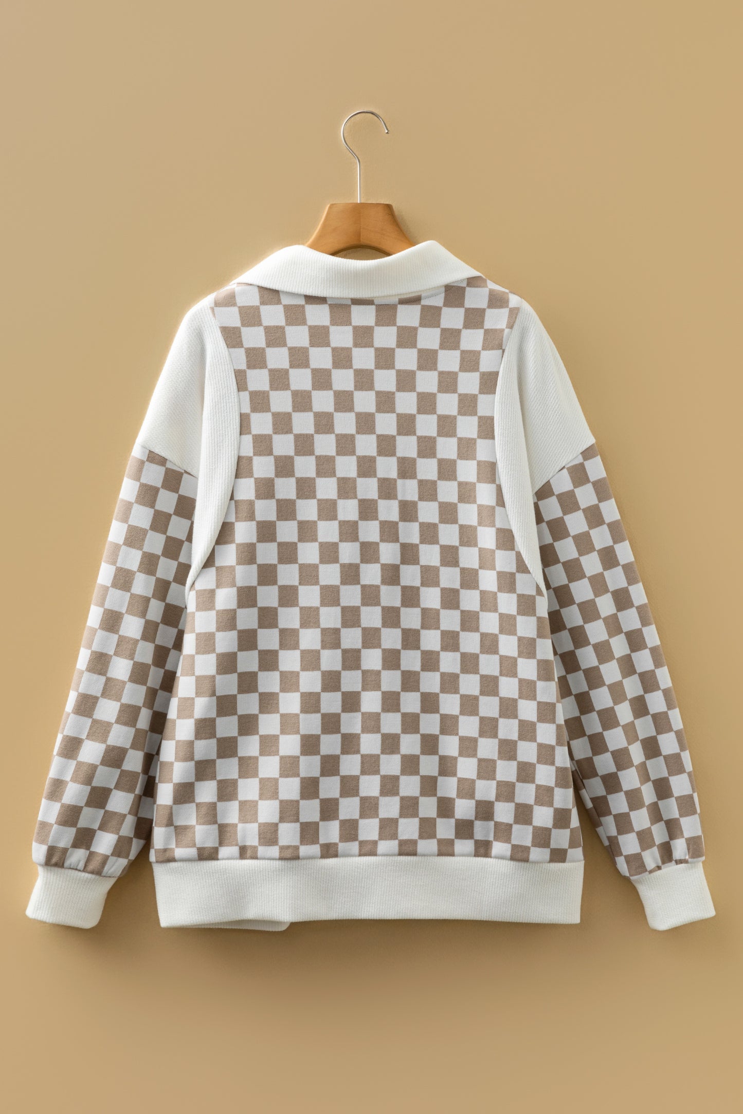 Khaki Checkered Print Quarter Zip Ribbed Patchwork Loose Sweatshirt