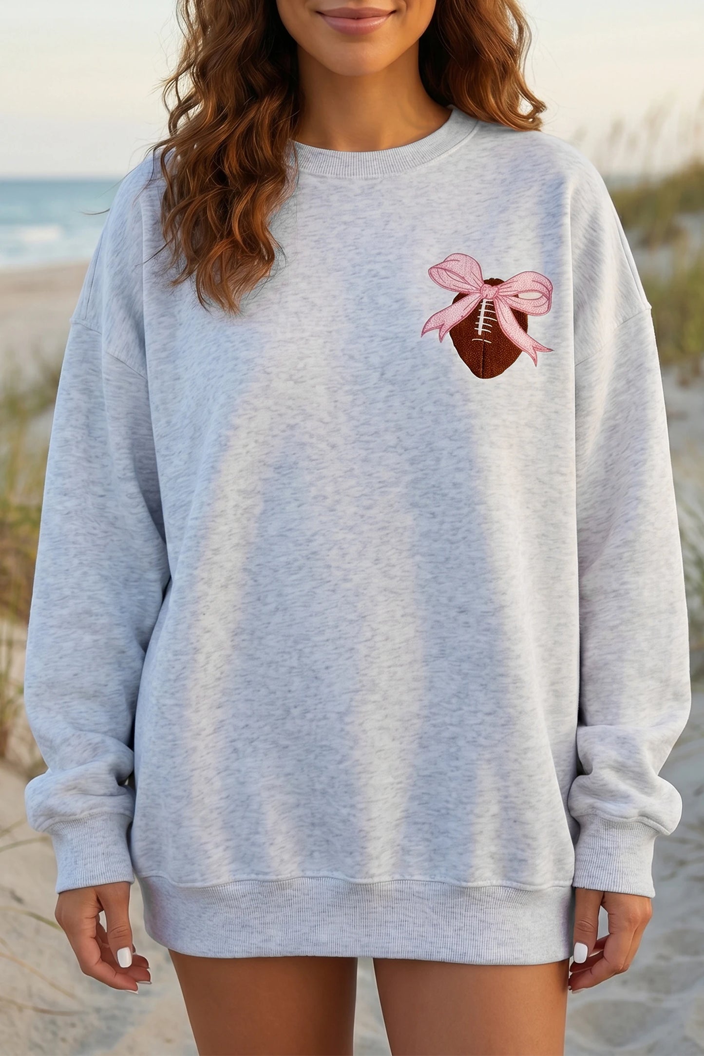 Embroidered Football Bow Back Long Sleeve Tunic Sweatshirt