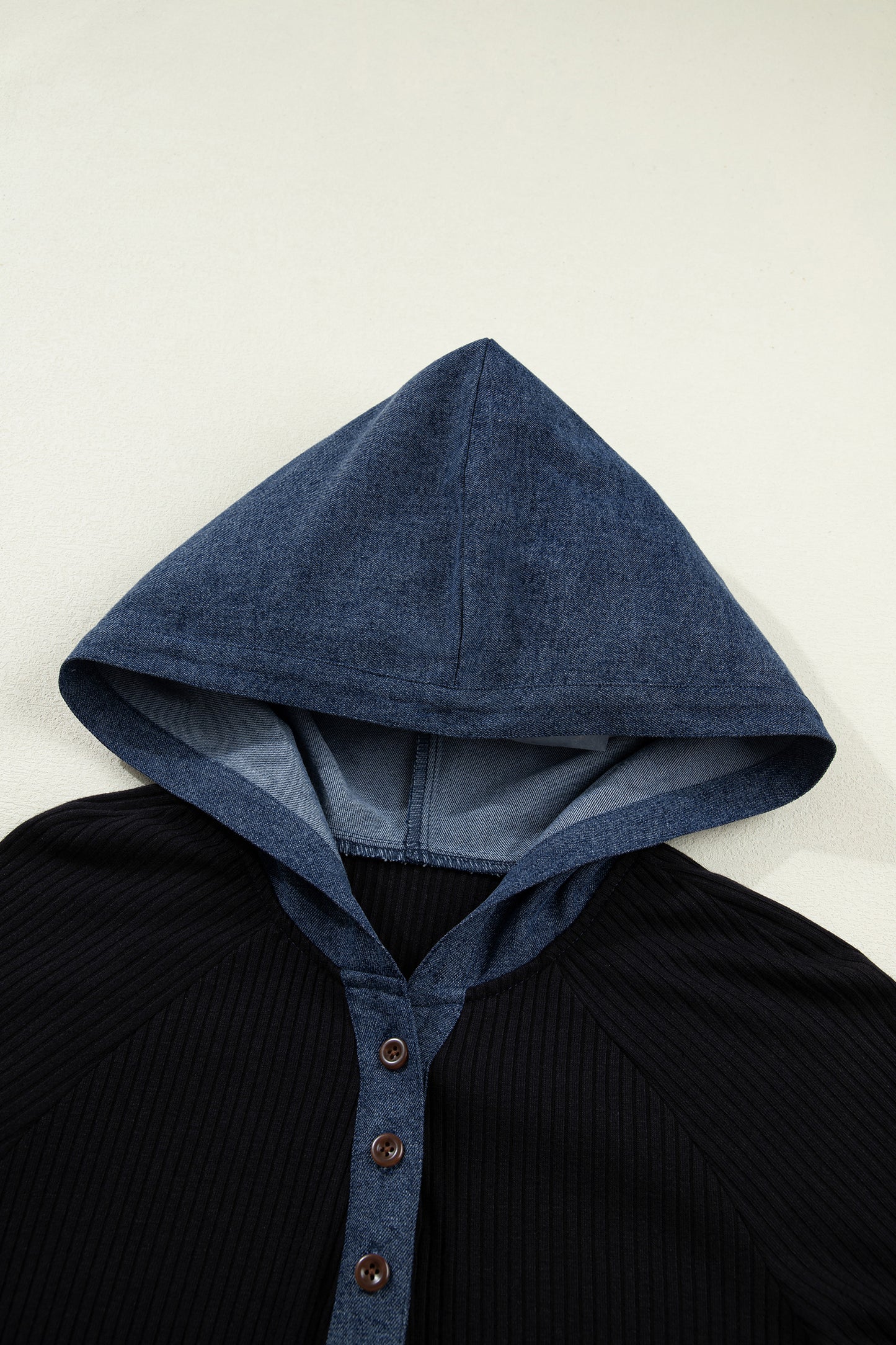 Black Ribbed Knit Contrast Denim Patchwork Hooded Long Sleeve Top