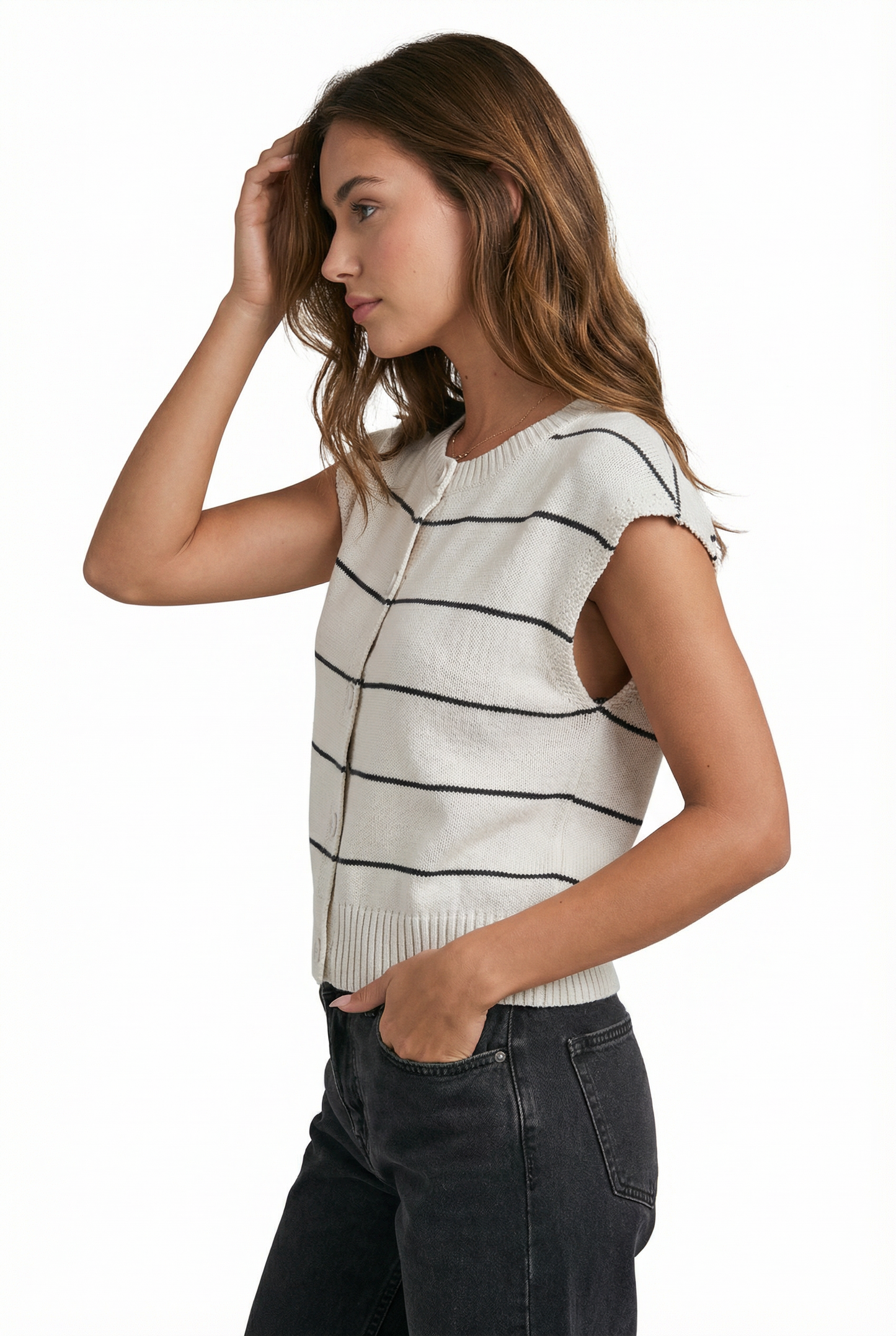 Striped Button Front Sleeveless Sweater Knit Top