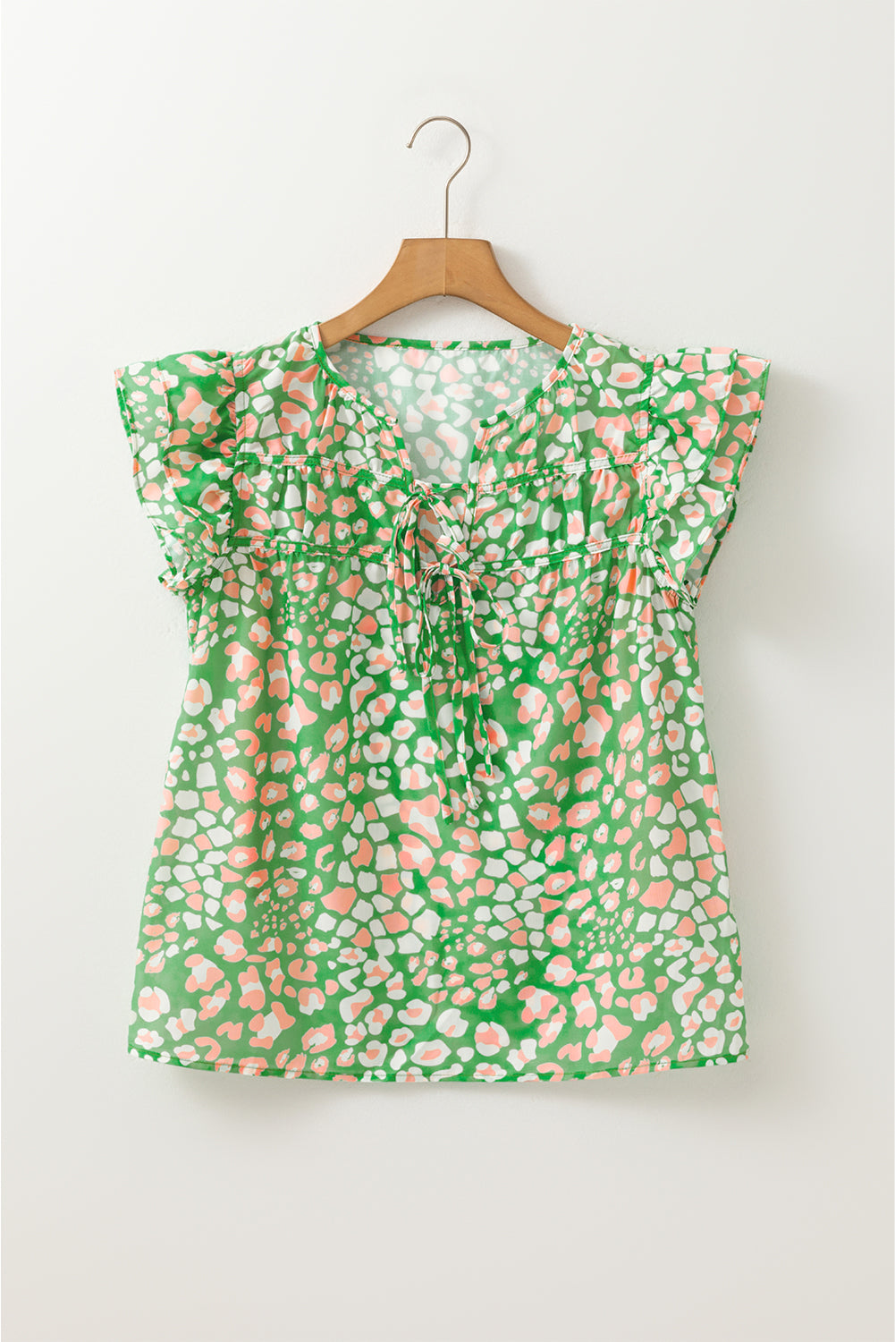 Green Abstract Leopard Tied Front Flutter Sleeve Blouse
