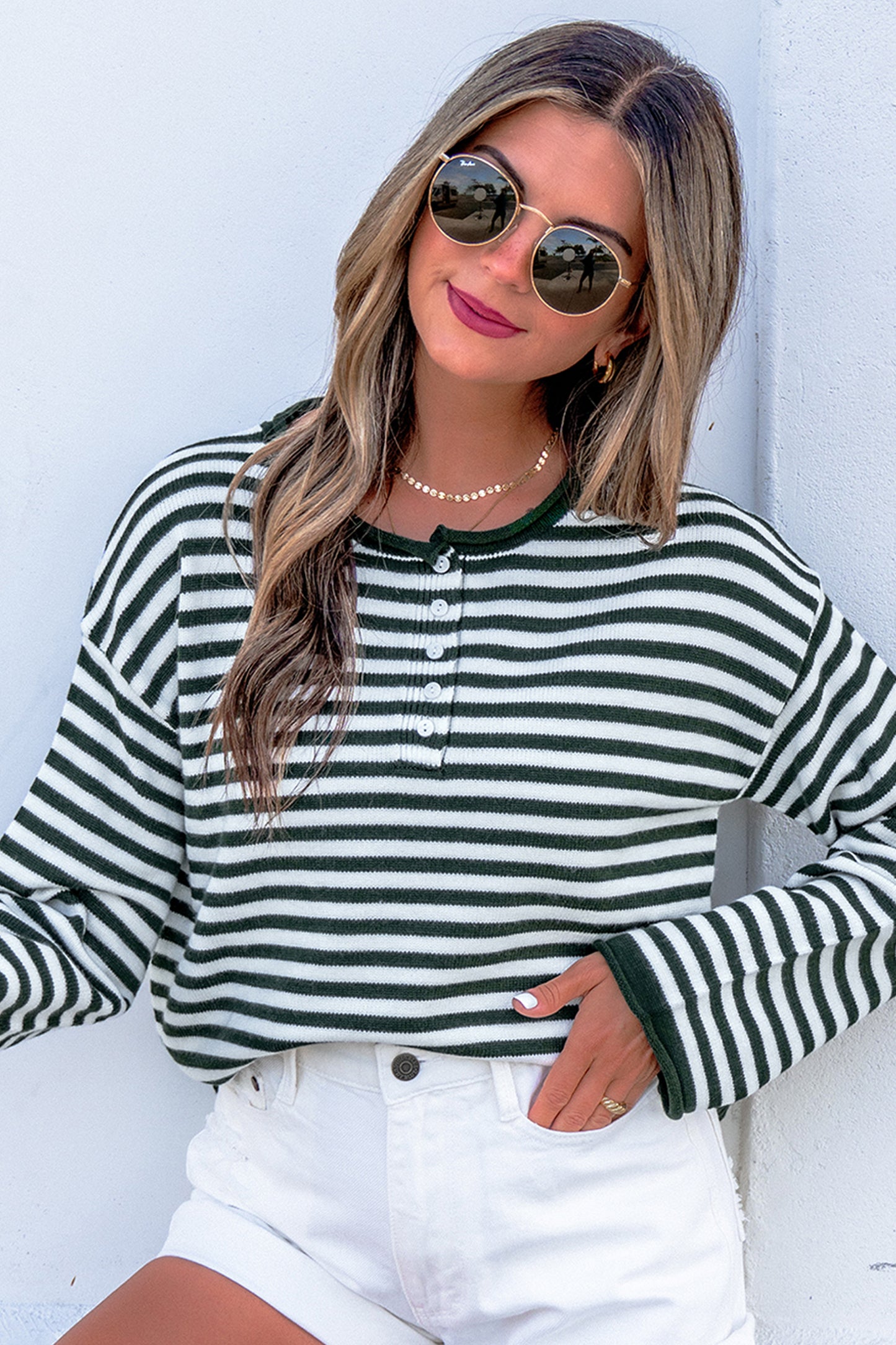 Striped Button Placket Drop Shoulder Long Sleeve Sweater