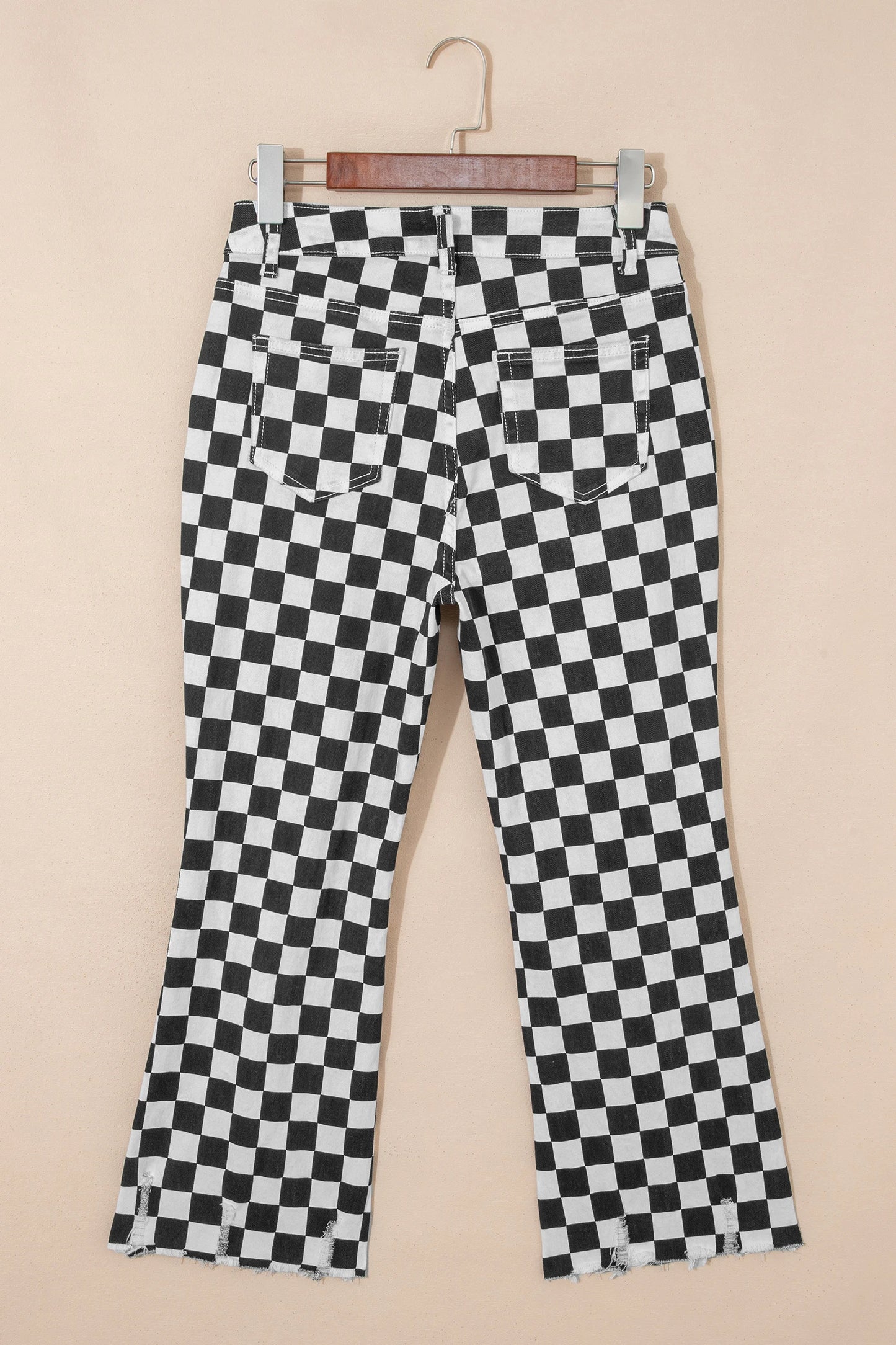Black Checkerboard Print Distressed Holes Raw Edge Cropped Jeans